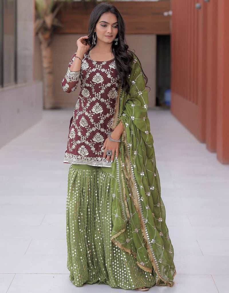 Elegant Heavy Faux Georgette Traditional Sharara Suit Set for Women - Wedding Mehndi Party Outfit - Perfect for Indian Festivals, Bridal Showers & Cultural Events