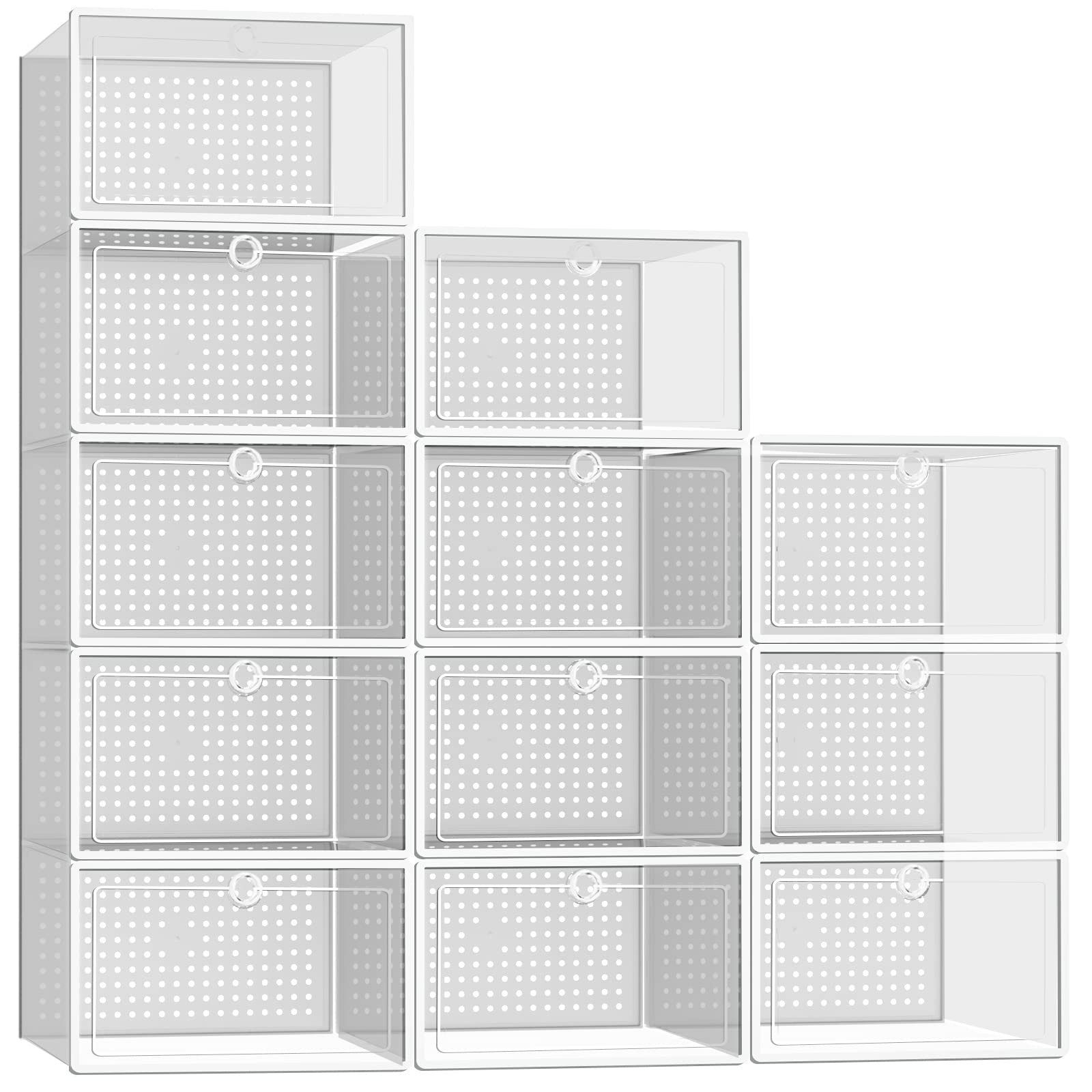 12 Pack Clear Plastic Stackable Shoe Storage Boxes with Lids - Space Saving Shoe Organizer for Closet & Sneaker Display - Foldable Shoe Holder Containers Bins for Home, Office & Dorm Organization