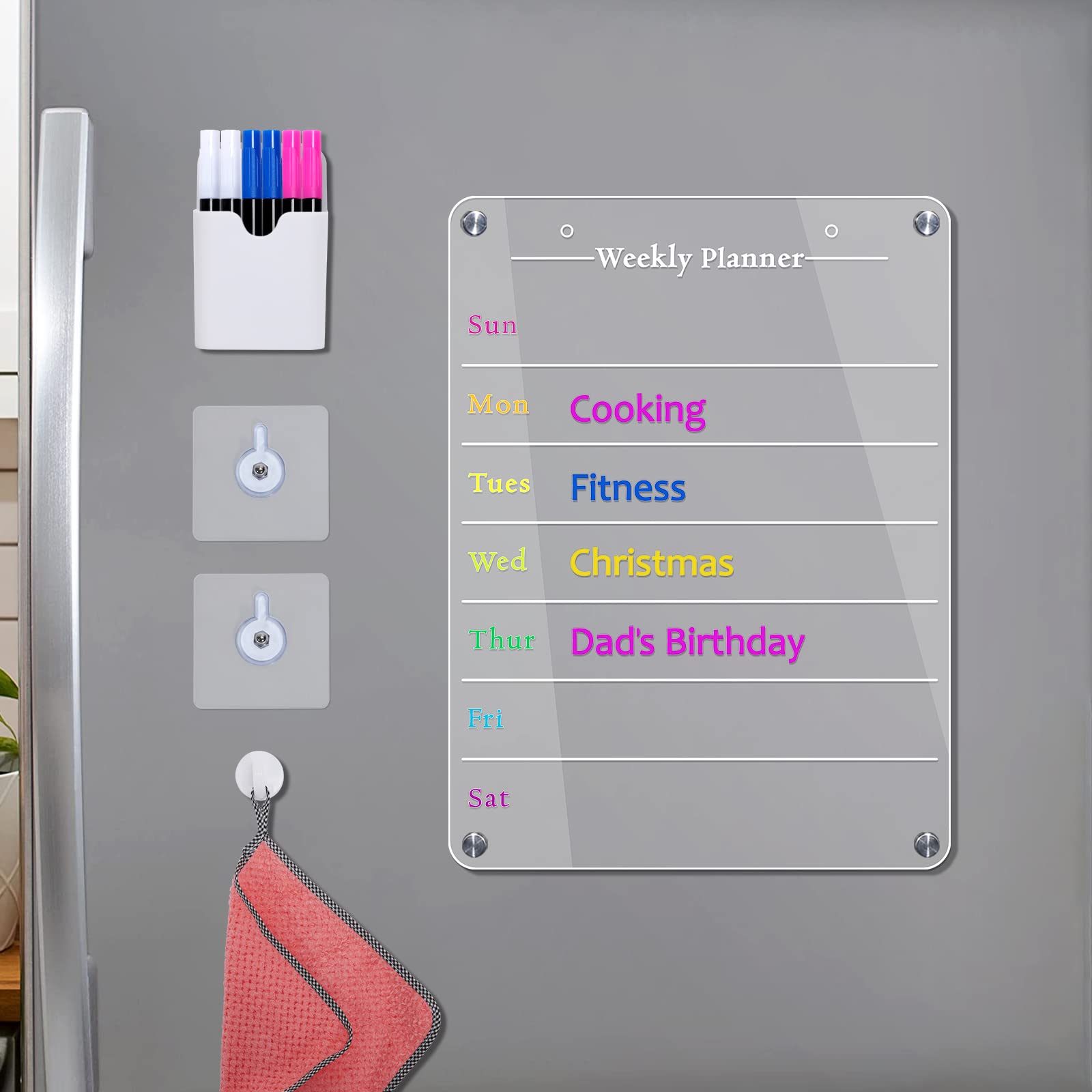 MOOACE Weekly Magnetic Dry Erase Board for Fridge - 11x17 Inches Adhesive Meal Planner with 6 Color Markers, Pen Holder & Wall Hooks - Perfect for Kitchen Organization, Grocery Lists & Family Schedules