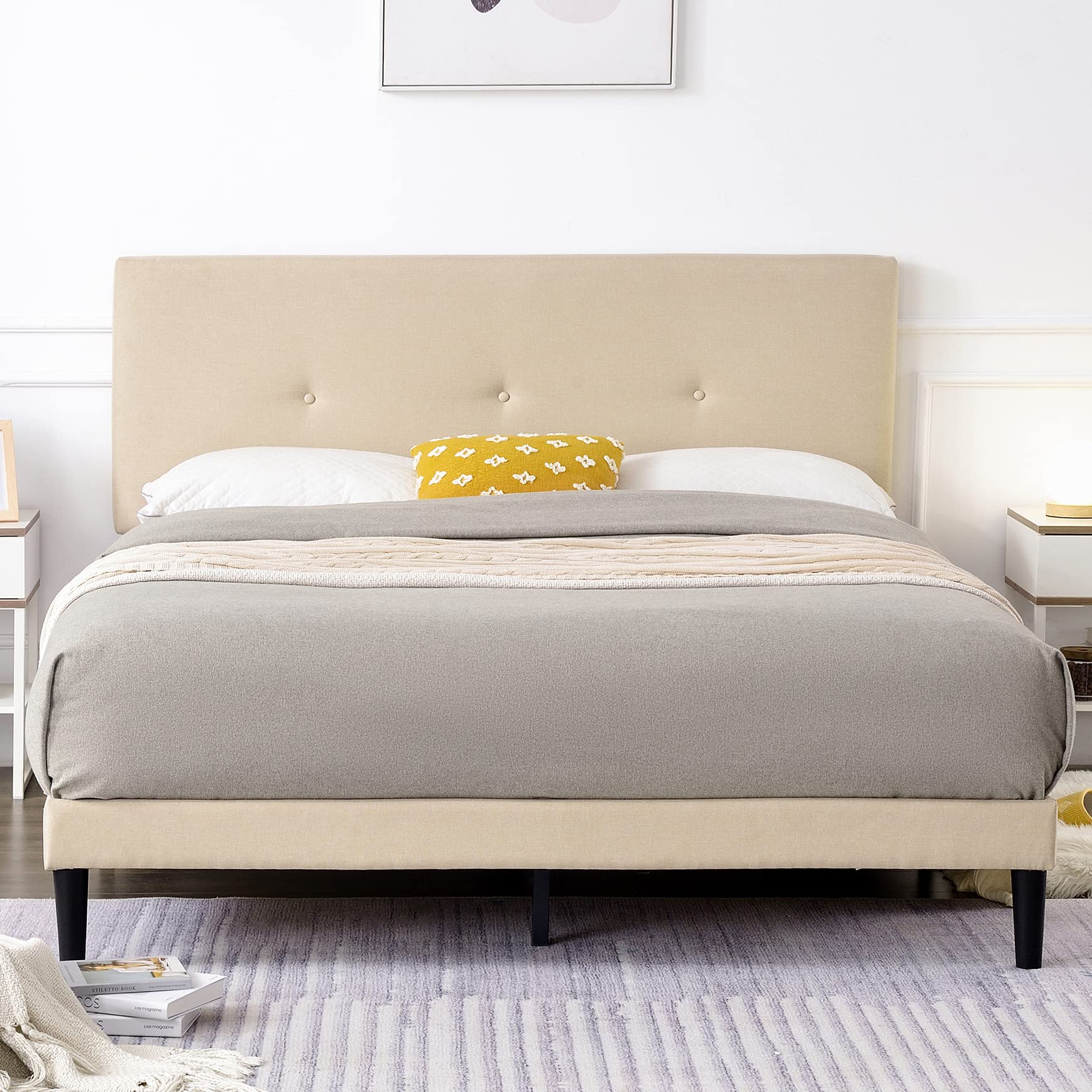 QZhommer Full Size Bed Frame - Upholstered Platform Bed with Headboard & Wood Slats, No Box Spring Needed for Bedroom
