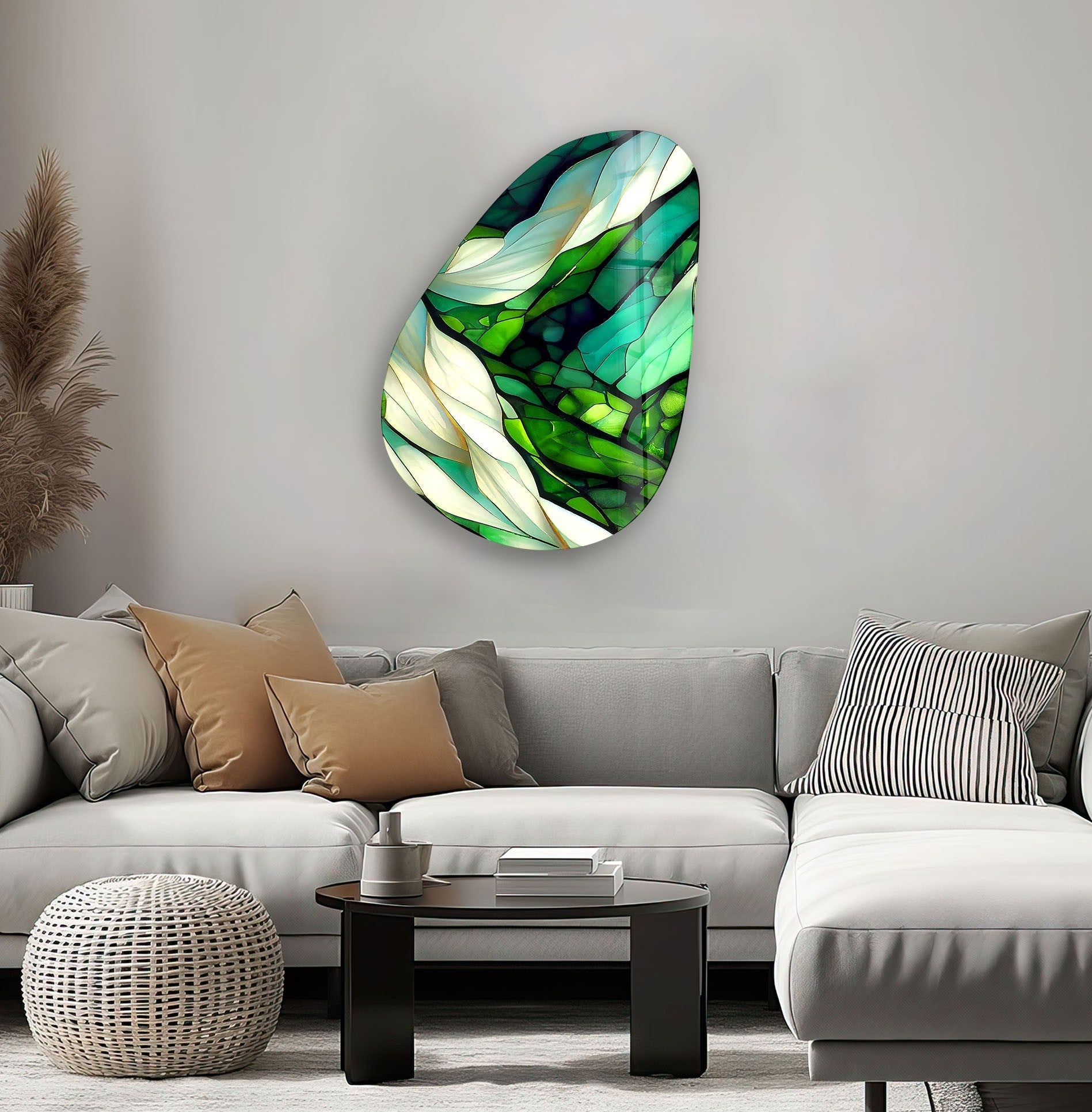 Handmade Asymmetrical Oval Green Fractal Glass Wall Art - Modern Abstract Home Decor for Living Room, Bedroom & Office