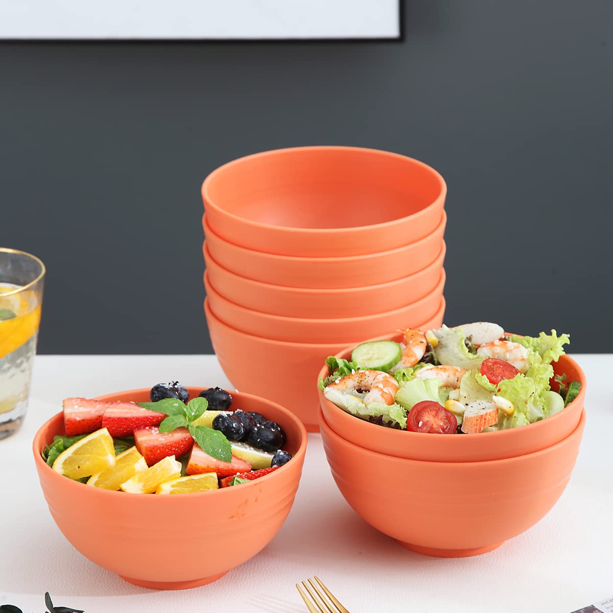 Kyraton 8-Piece Plastic Cereal Bowls 26oz - Unbreakable, Reusable & Lightweight BPA-Free Bowls for Rice, Noodles, Soup, Snacks, Salad & Fruit - Dishwasher Safe (Orange) - Perfect for Family Dinners, Picnics, Camping & Office Lunches