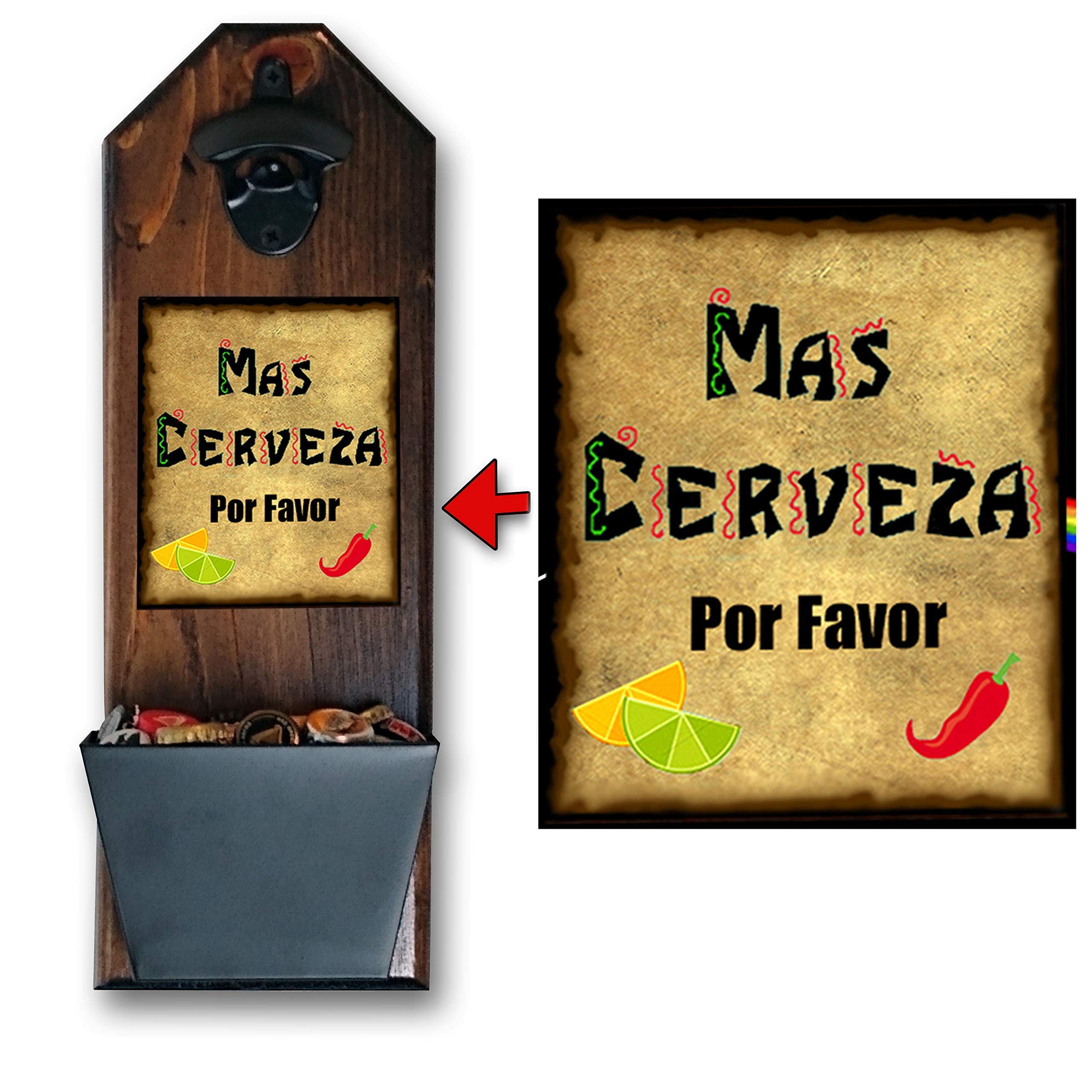 Mas Cerveza Rustic Wall Mounted Bottle Opener with Cap Catcher - Handcrafted Solid Pine & Cast Iron Beer Opener - Galvanized Bucket for Easy Cap Collection - Perfect for Home Bars, Man Caves, and Outdoor Entertaining