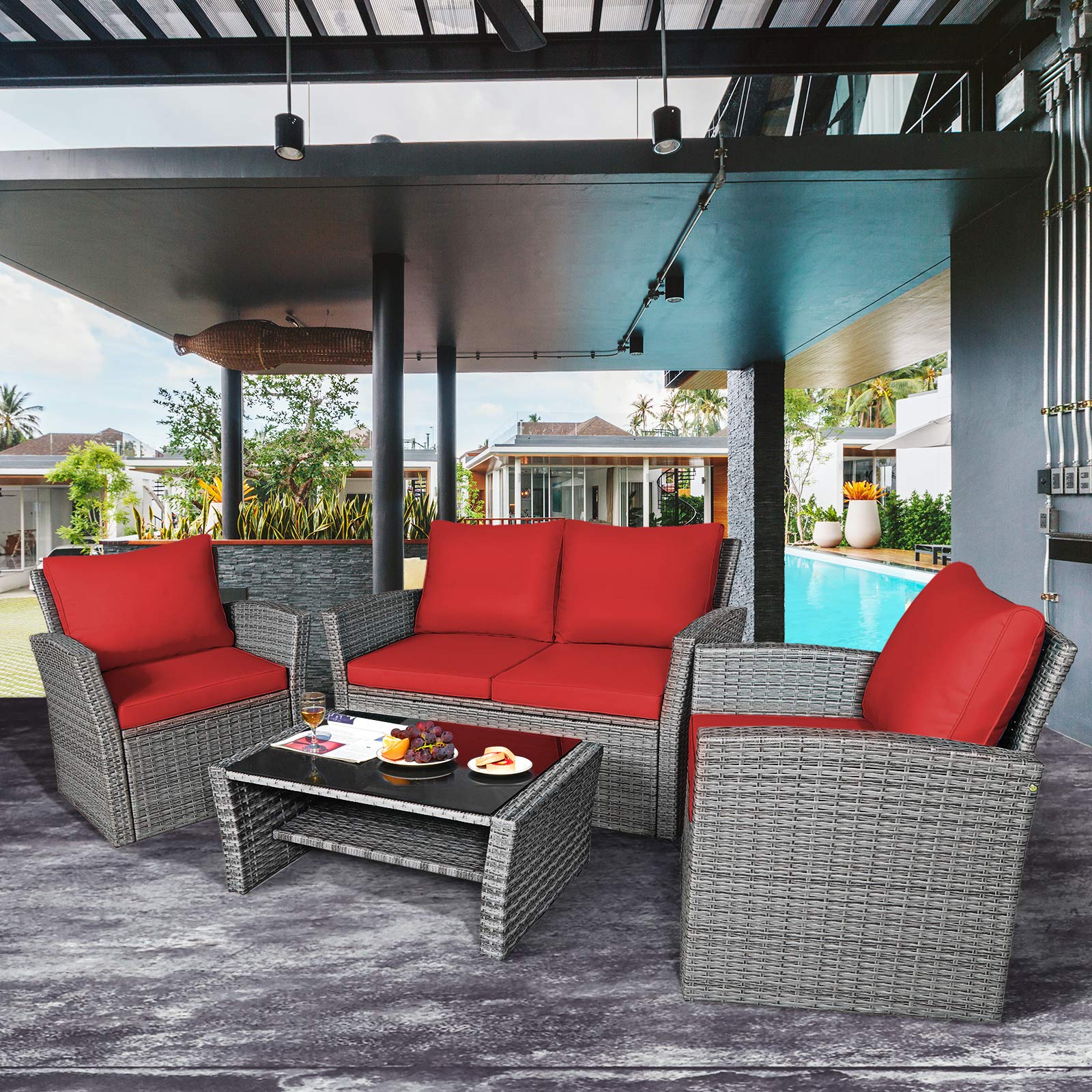 Tangkula 4-Piece All-Weather Outdoor Patio Furniture Set - Wicker Rattan Sectional Sofa with Cushions & Tempered Glass Table - Perfect for Backyard, Garden, Poolside, and Outdoor Conversations