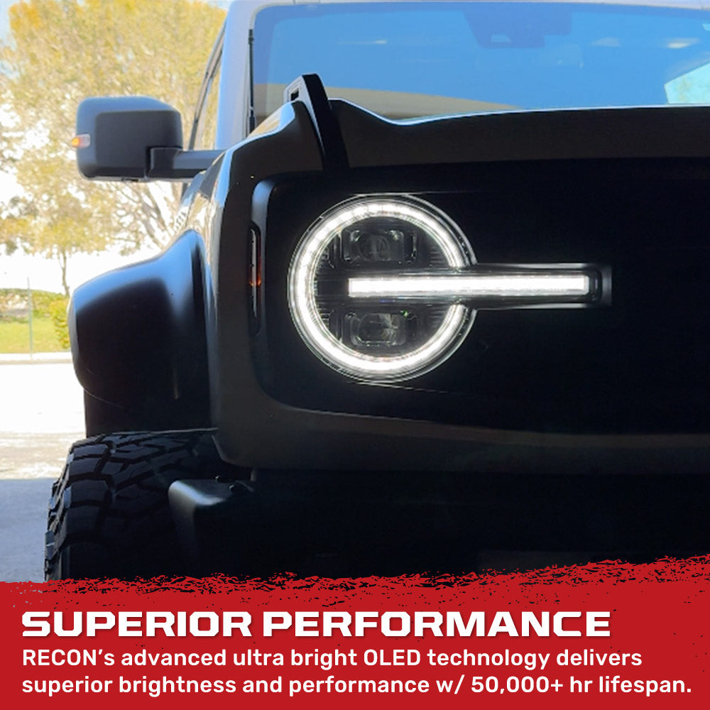 Ford Bronco 2021-2025 LED Projector Headlights - Ultra Bright High/Low Beams, White OLED DRL with Startup Animation & Amber LED Turn Signals - Smoked Lens - Upgrade for Off-Road & Night Driving