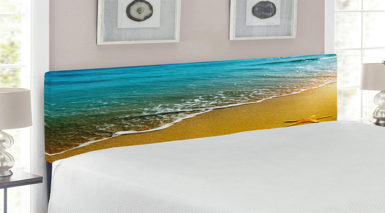 Ambesonne Starfish Upholstered King Size Headboard - Coastal Sunset Beach Theme with Memory Foam, Decorative Metal Bed Frame for Bedroom | Perfect for Beach House, Coastal Decor & Summer Bedroom Makeover