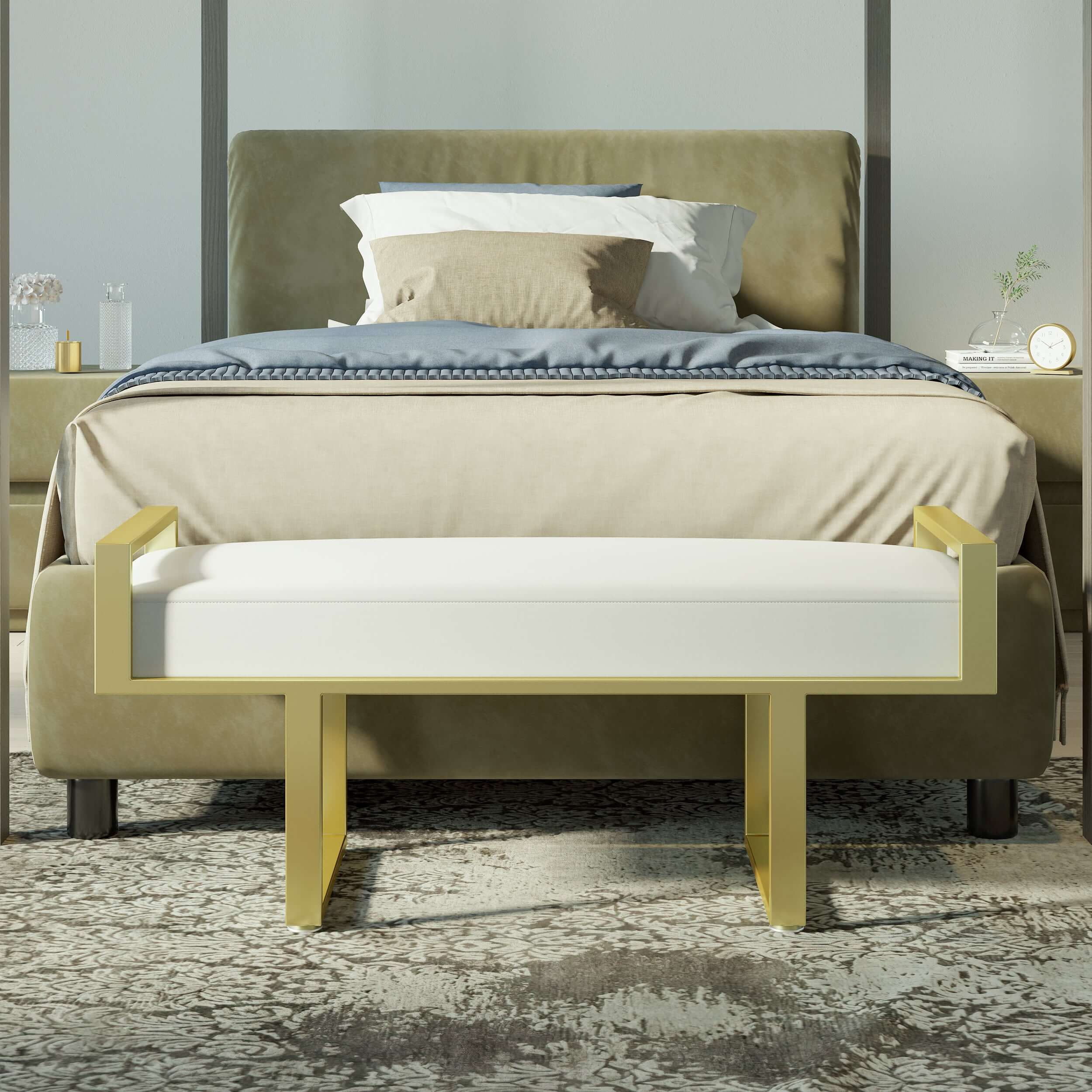 Modern Gray Linen Upholstered Ottoman Bench with Gold Legs - Bedroom, Entryway & Living Room Seating Furniture for Home Decor