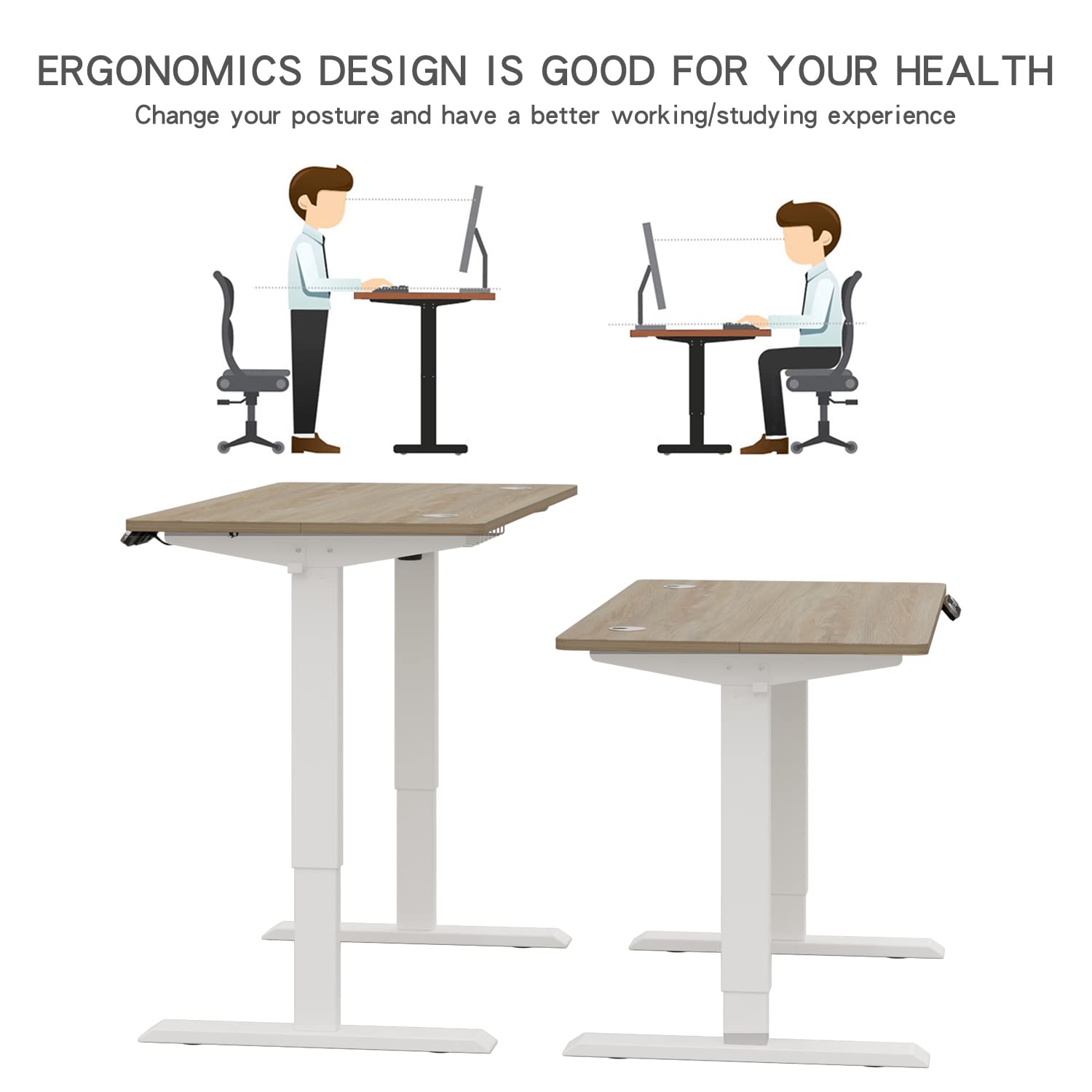 Bilbil Electric Height Adjustable Standing Desk - 48 x 24 Inches, Oak Top & White Frame - Ergonomic Sit Stand Computer Desk for Home Office - Perfect for Remote Work, Gaming & Study Spaces