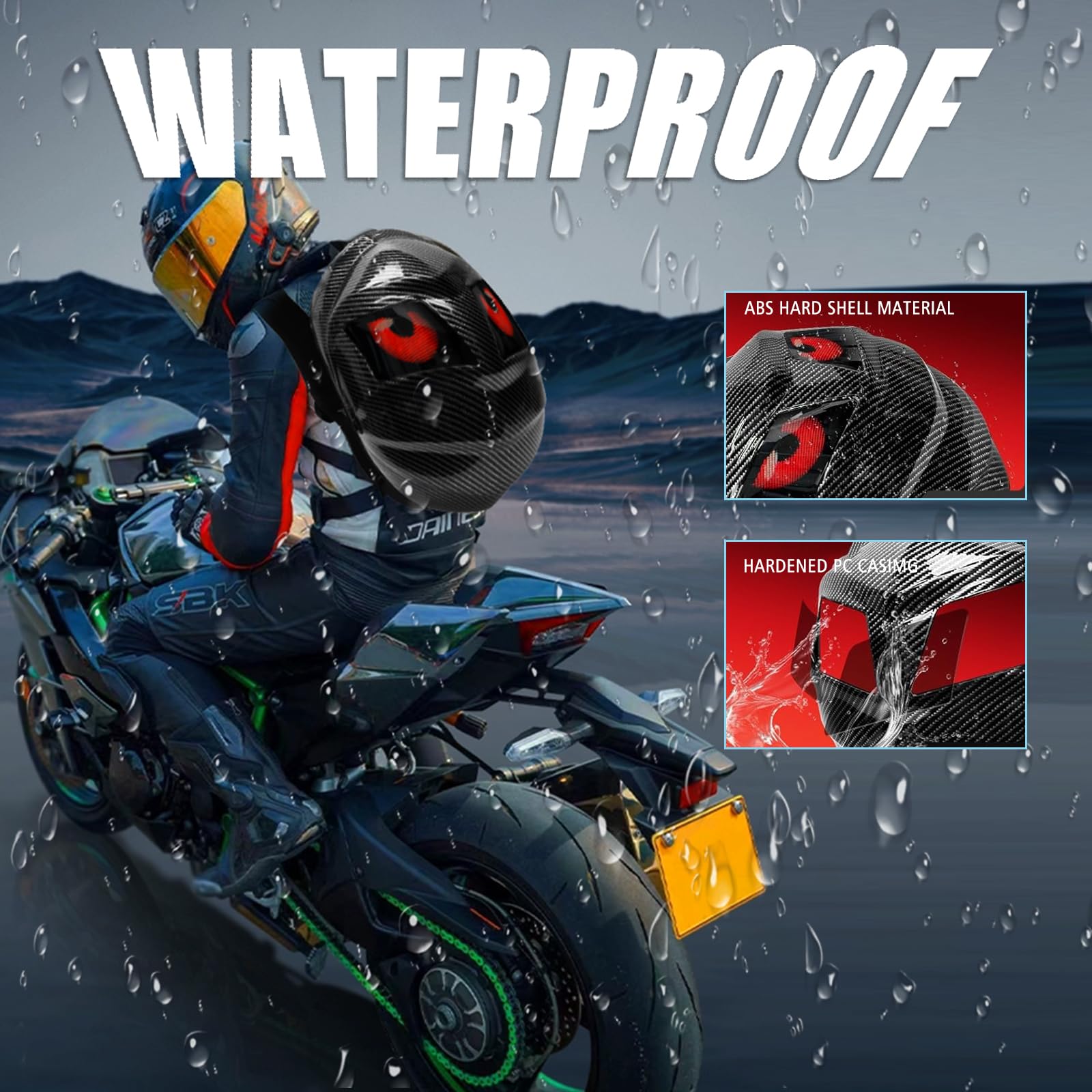 Waterproof LED Motorcycle Backpack for Men - Hard Shell Helmet Bag with Programmable Lights, DIY Riding Travel Laptop Shoulder Bag (Carbon Fiber Texture) - Perfect for Commuting, Night Riding & Adventure Travel