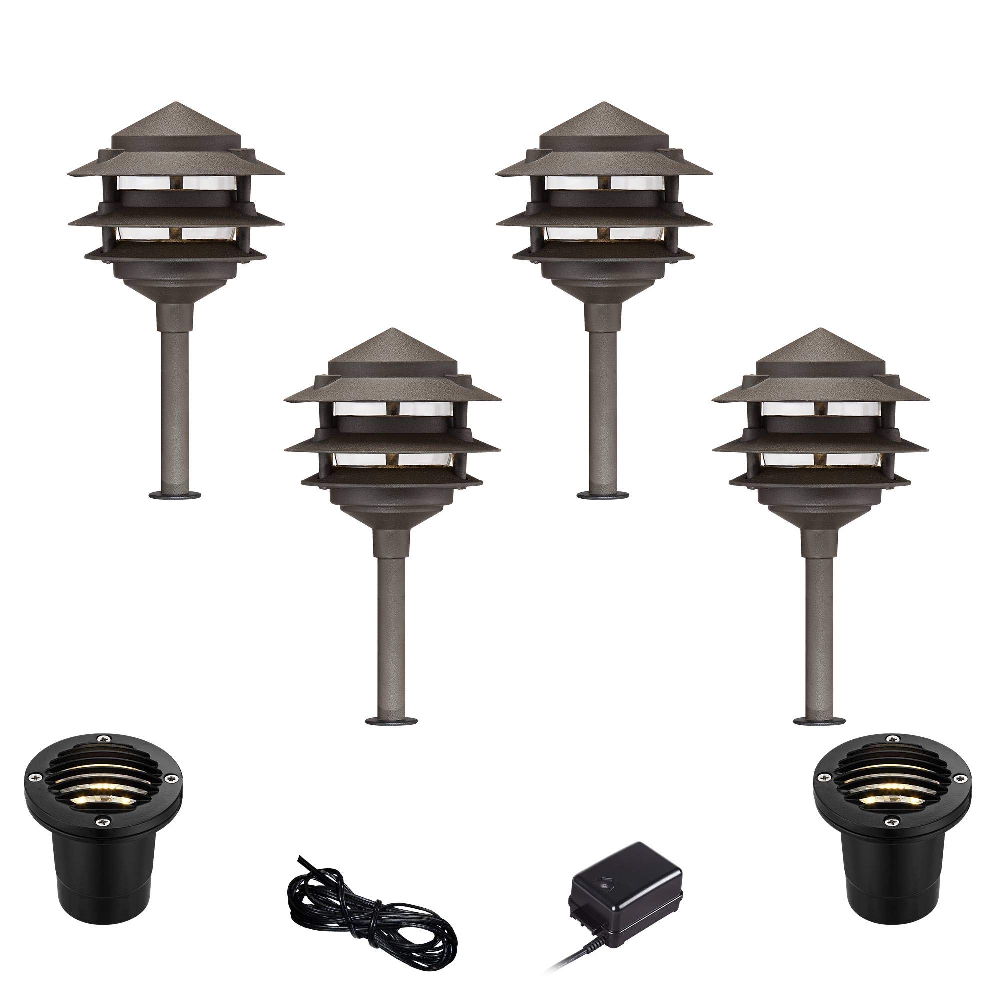Pagoda Bronze 8-Piece LED Landscape Path and Well Light Set for Garden, Yard, Walkway, and Outdoor Decor - John Timberland