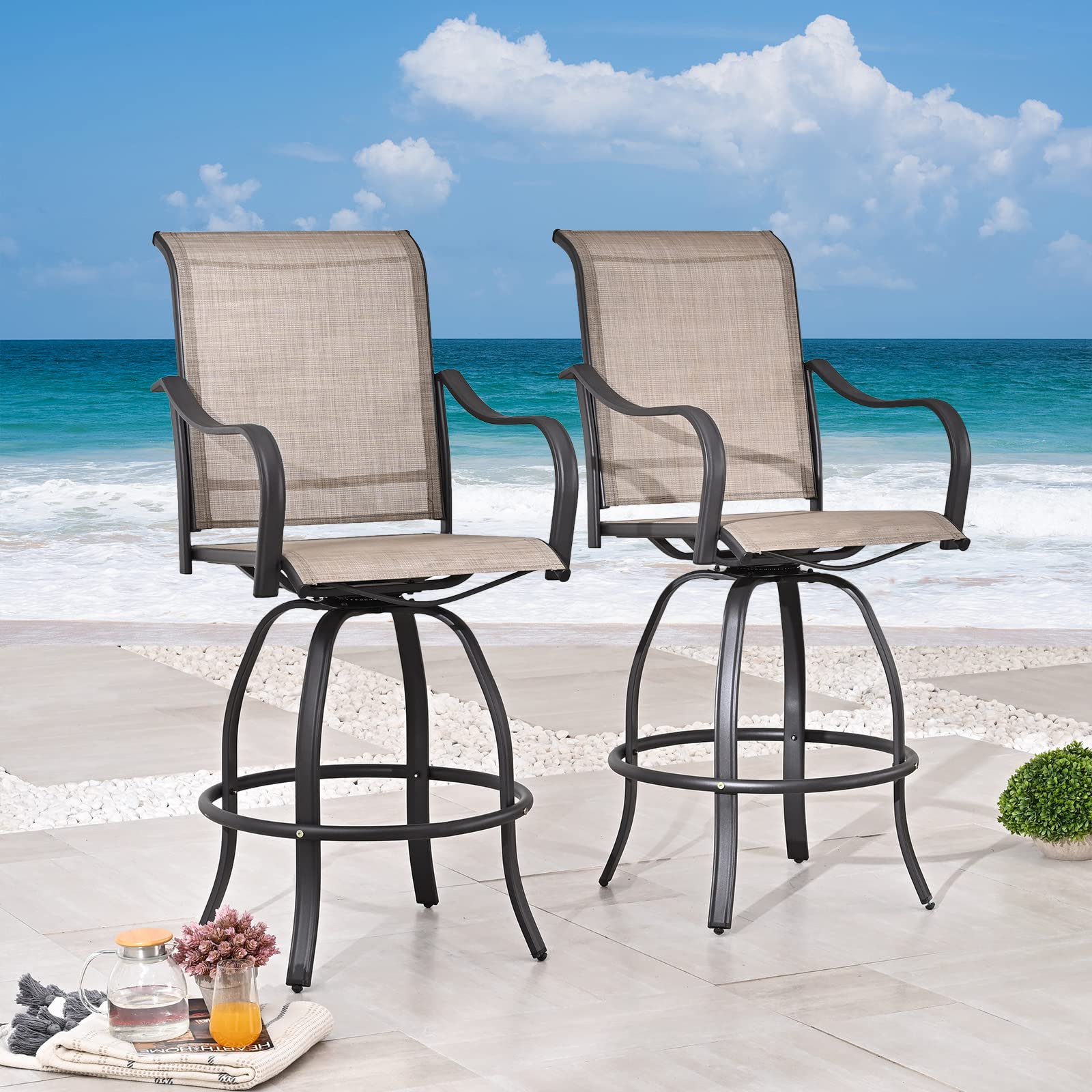 2-Pack Bar Height Swivel Stools - All-Weather Textilene Patio Dining Chairs for Outdoor Bistro, Garden & Poolside (Taupe) | Durable Metal Frame & Comfortable Seating for Backyard, Deck & Restaurant Use