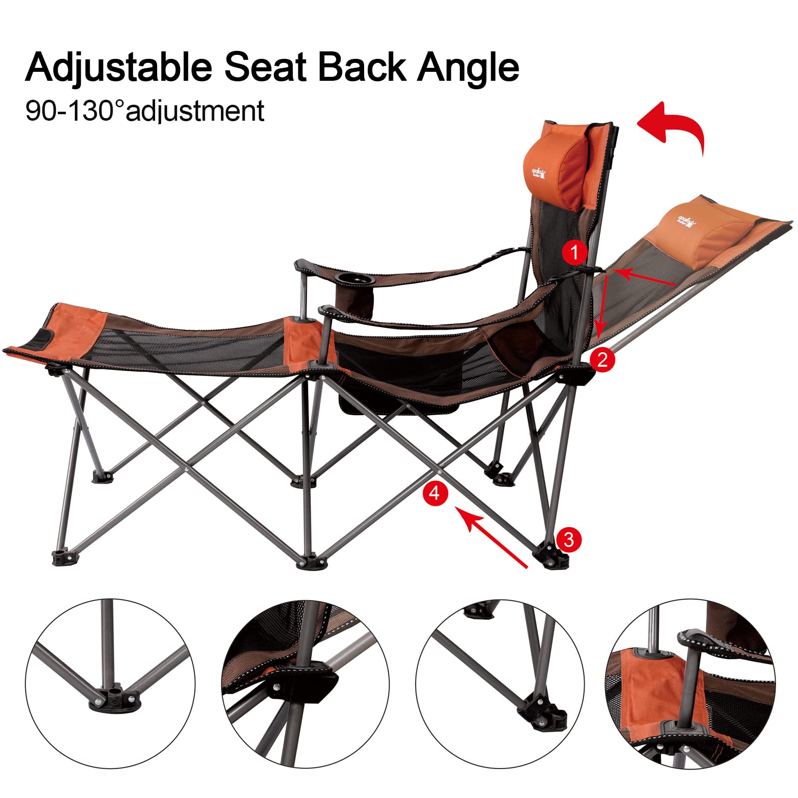 Apollo Walker 6-Legged Reclining Camping Chair for Adults - Adjustable 90°-130° Beach Chair with Footrest, Detachable Pillow & Carry Bag - Perfect for Outdoor Camping, Beach Relaxation, Backyard Lounging & Picnics (Grey)