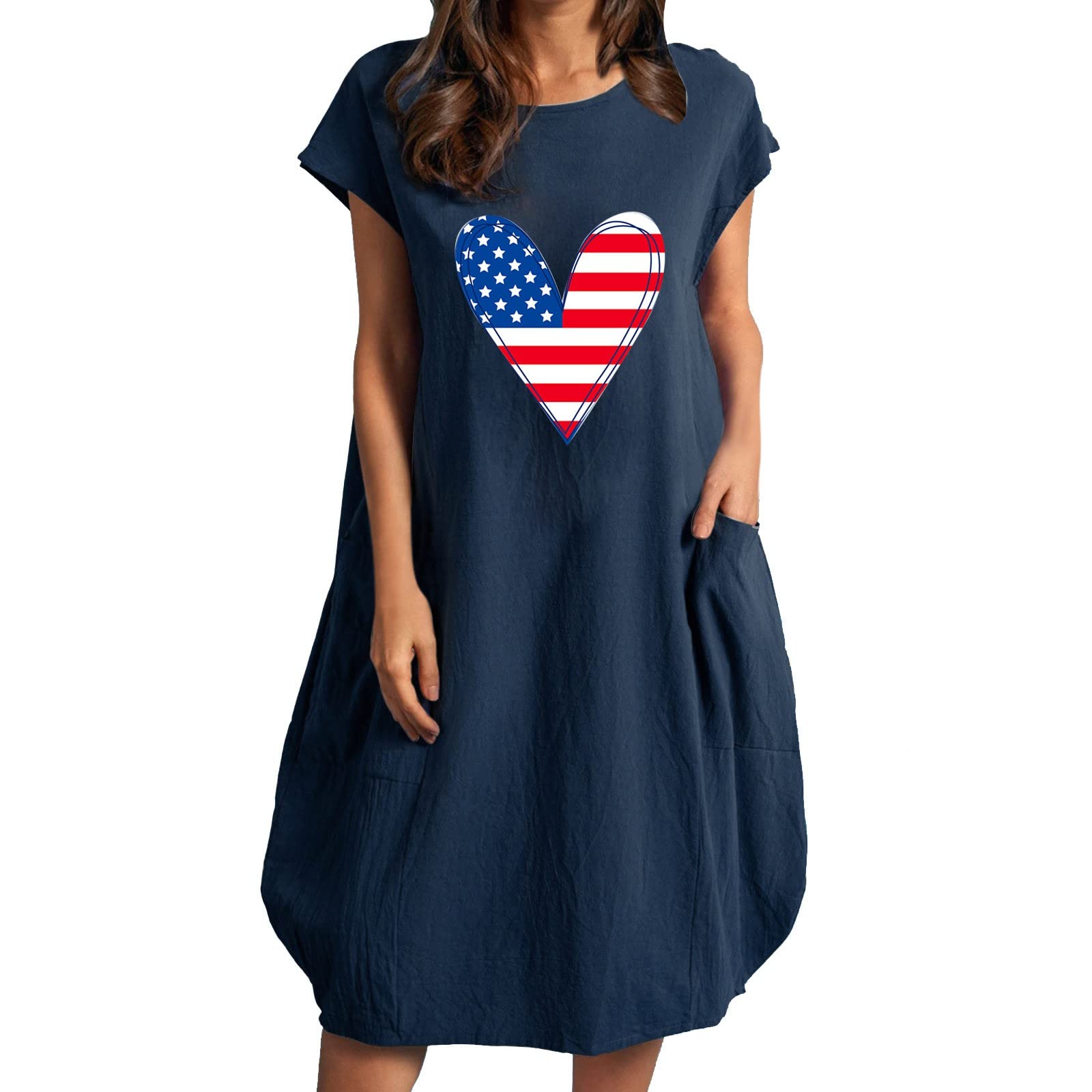 Women's Heart Print Loose Short Sleeve Summer Dress - Casual Round Neck Flowy Dress for Beach, Vacation & Everyday Wear