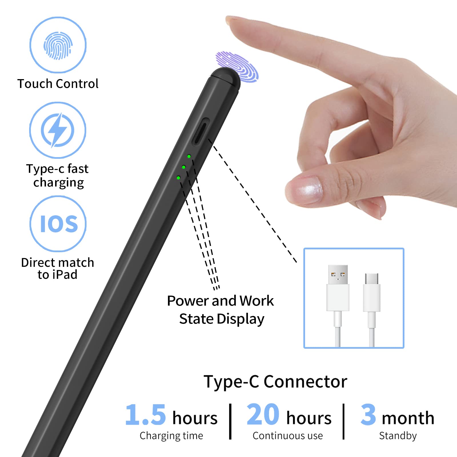 Apple Pencil Stylus for iPad 10th/9th/8th/7th/6th Gen, iPad Mini 6th/5th, iPad Air 5th/4th/3rd, iPad Pro 11 & 12.9 Inch - Tilt & Pressure Sensitive with Palm Rejection - Perfect for Drawing, Note-Taking & Digital Art