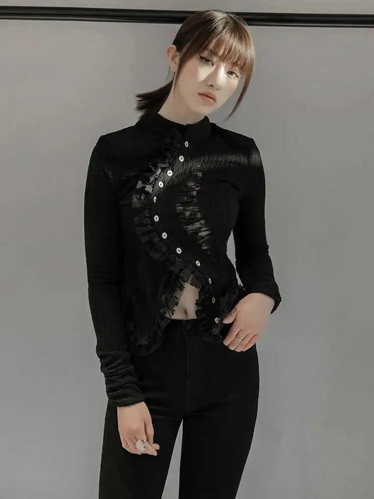 Black Lace Irregular Knit Cardigan for Women - Long Sleeve Stand Collar Chunky Sweater | 2025 Fall Fashion Trend | Perfect for Autumn Layering & Spring Outfits