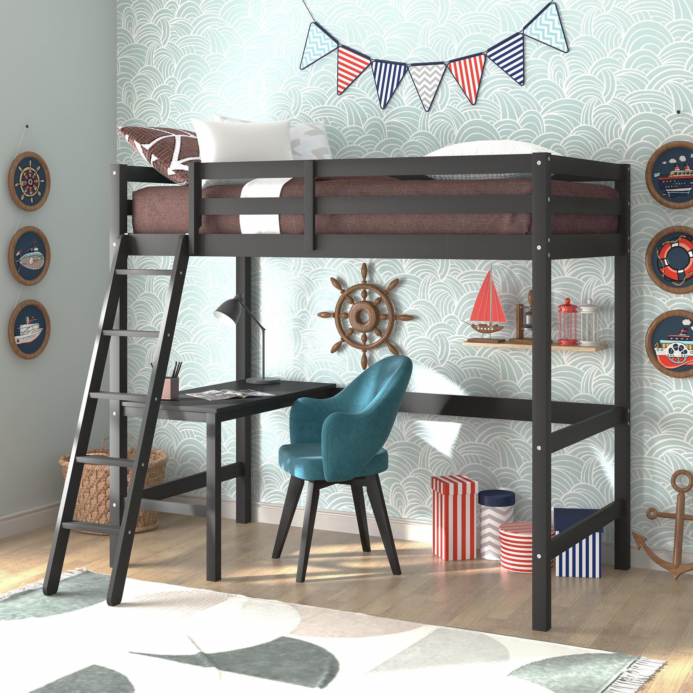 Hillsdale Caspian Youth Solid Wood Twin Loft Bed for Kids Room - Sturdy Black Wooden Bunk Bed with Ladder | Perfect for Small Spaces, Dorm Rooms & Kids Bedrooms