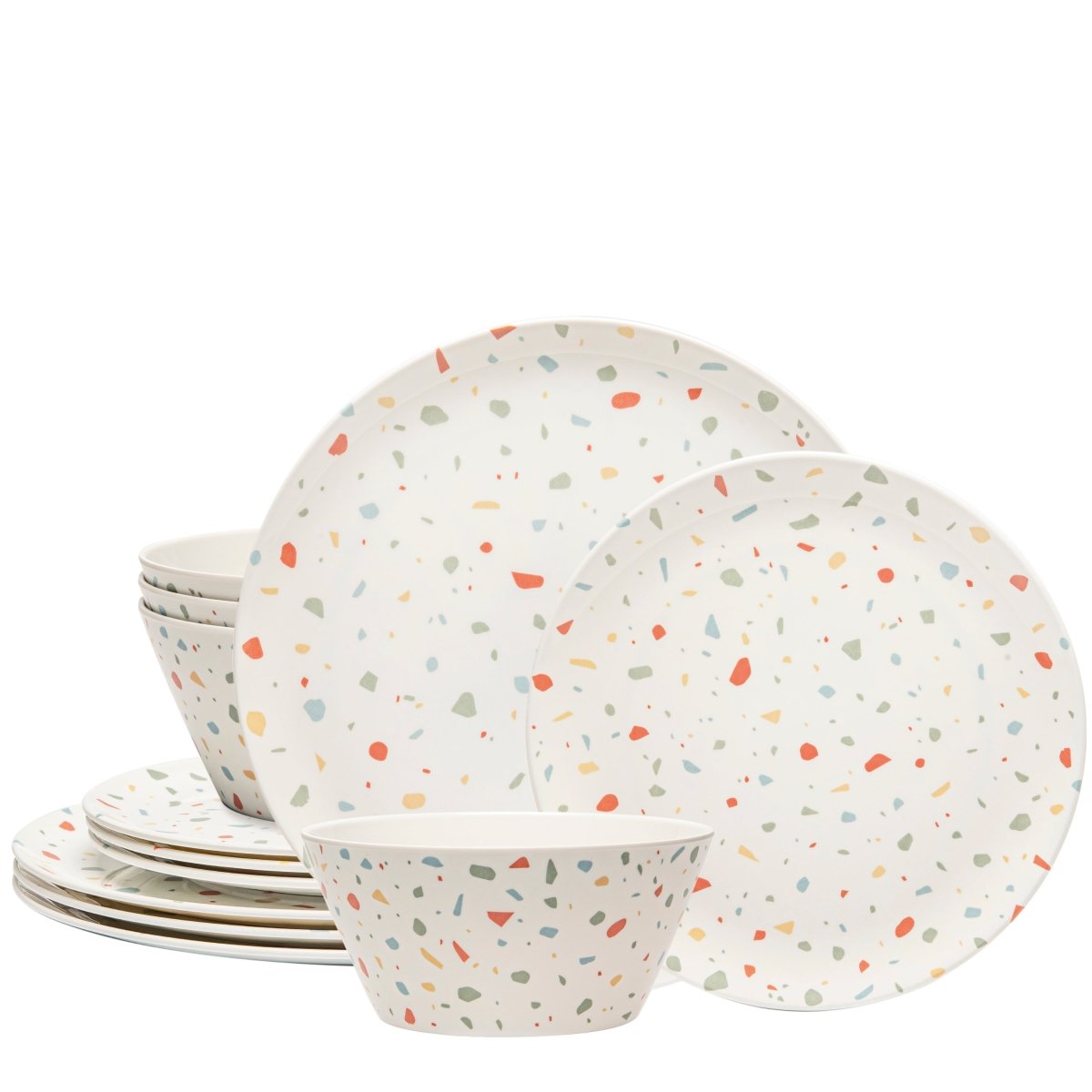 12-Piece Outdoor Dinnerware Set - Durable White Confetti Melamine Plates & Bowls for Picnics, BBQs, and Pool Parties - Shatterproof Dishware for Outdoor Dining