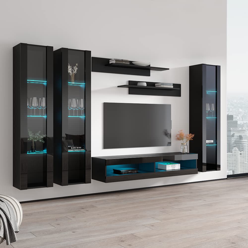 Modern Floating TV Stand with Storage & LED Lights - Wall-Mounted Entertainment Center for Living Room & Bedroom - Black TV Console with Shelves (Perfect for Small Spaces & Home Theater Setup)