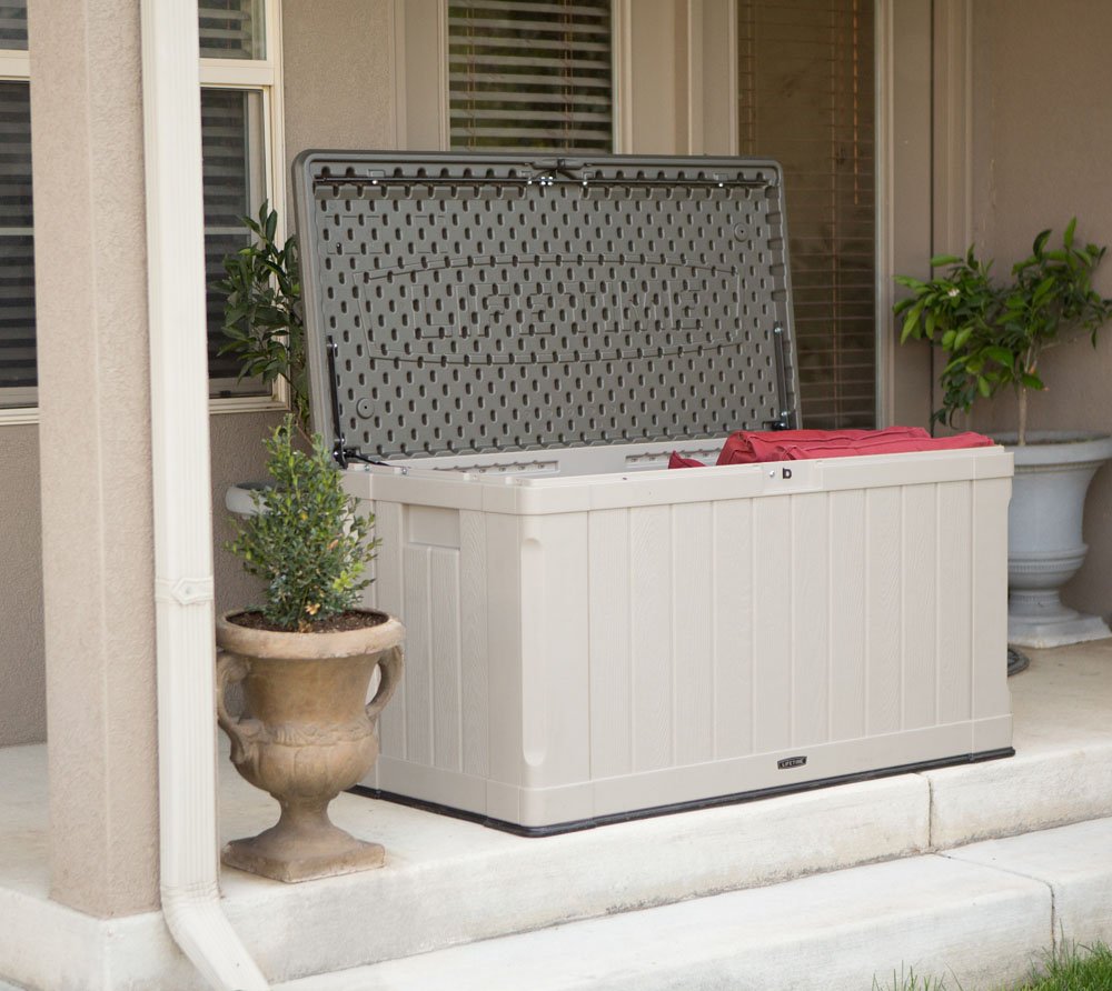 LIFETIME 60186 Heavy-Duty 116 Gallon Outdoor Storage Deck Box - Weather-Resistant Plastic Deck Box for Patio Furniture Cushions, Pool Toys & Garden Tools - Desert Sand/Brown