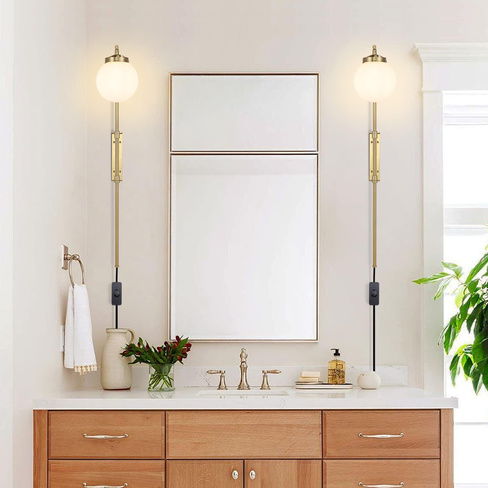 Gold Wall Sconces Set of 2 with Globe Shade - Modern Plug-in Wall Lamps with Switch & Adjustable Angle - Perfect for Bedroom, Living Room, Study, Hallway & Bedside Lighting
