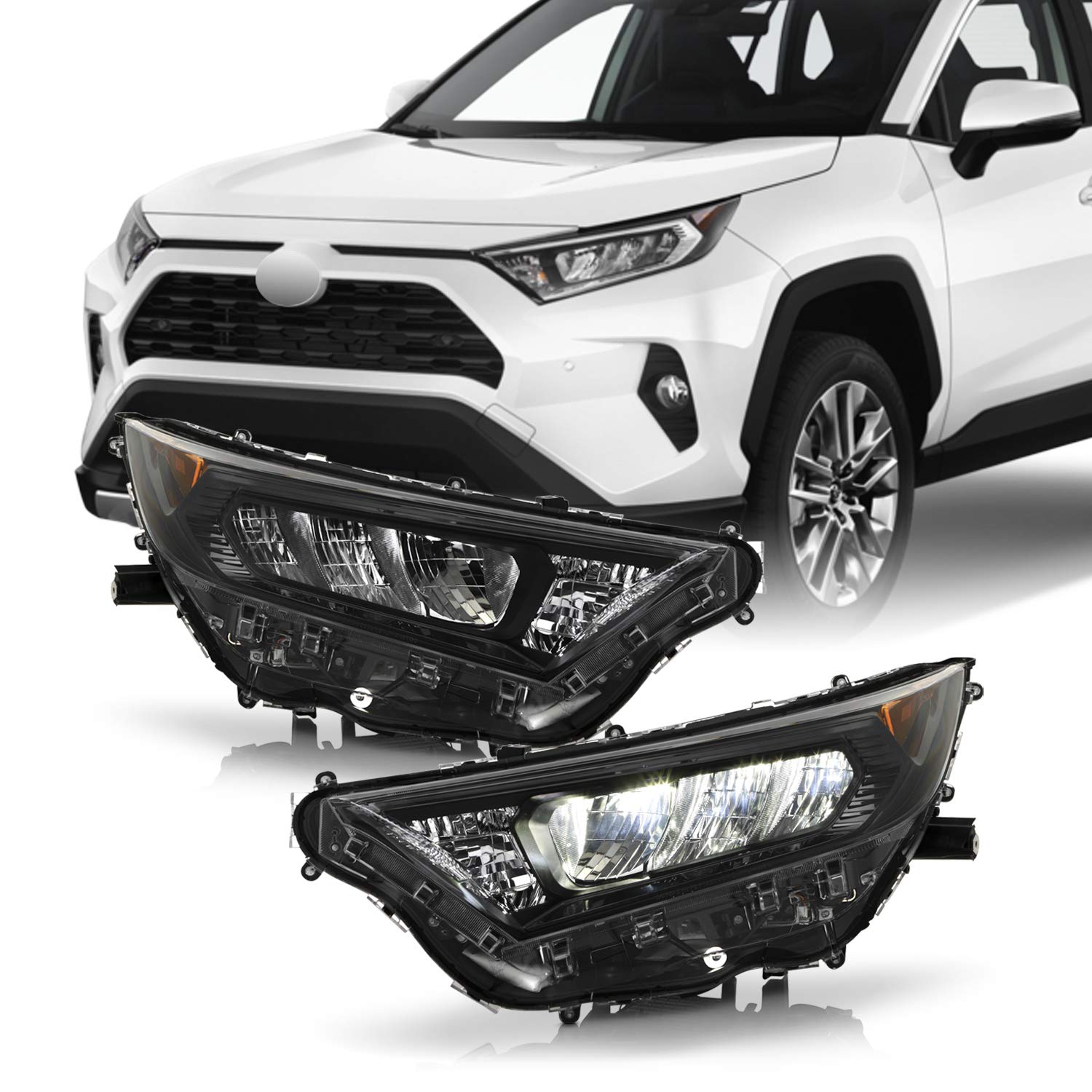 AKKON LED Projector Headlights for 2019-2021 Toyota RAV4 - OE Style Black Housing - Left & Right Pair - Perfect for Night Driving & Off-Road Adventures