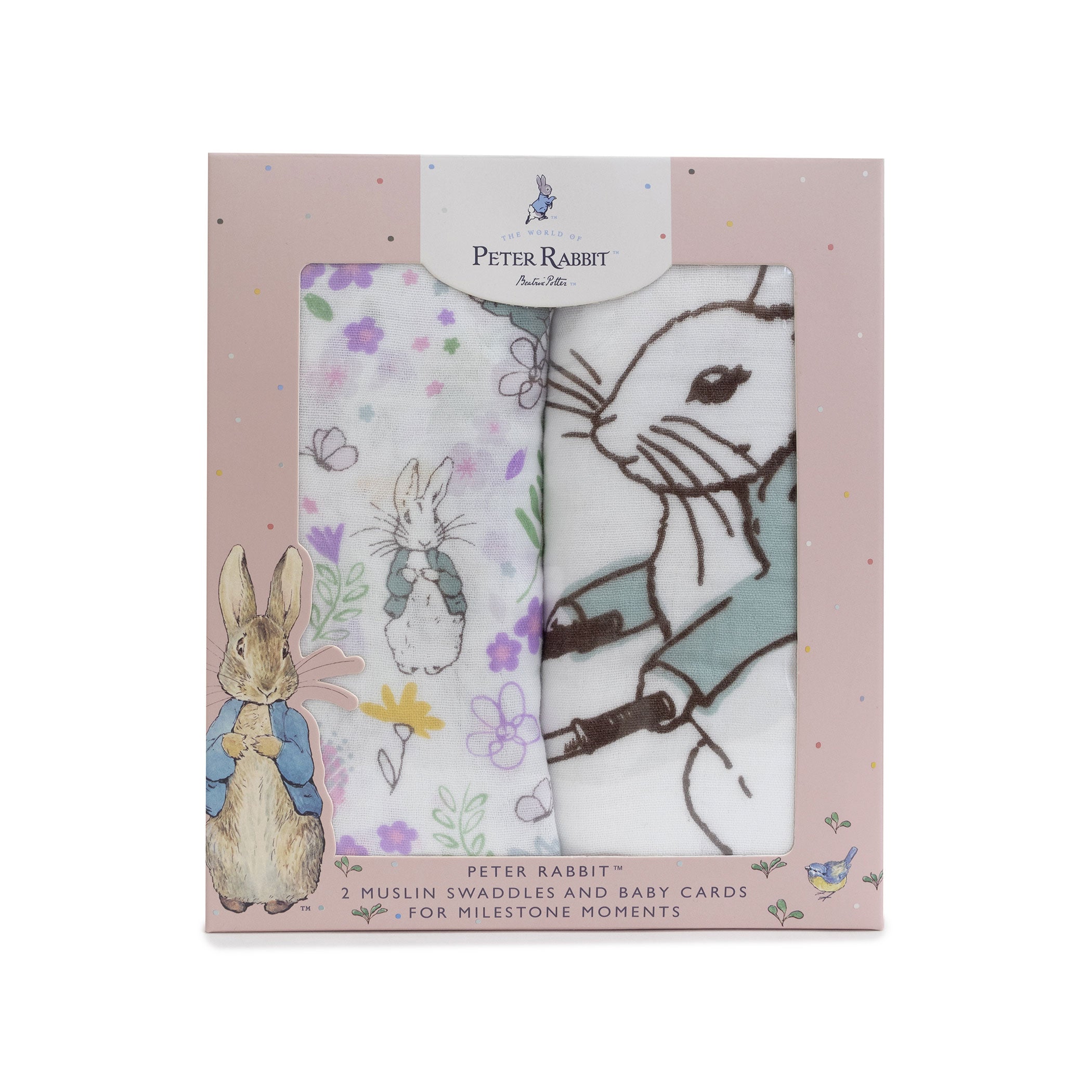 Peter Rabbit 'New Adventure' 2-Pack Muslin Swaddle Blankets & Baby Milestone Cards Set - Pink | Soft Cotton Baby Shower Gift for Newborns, Photography Props & Nursery Essentials