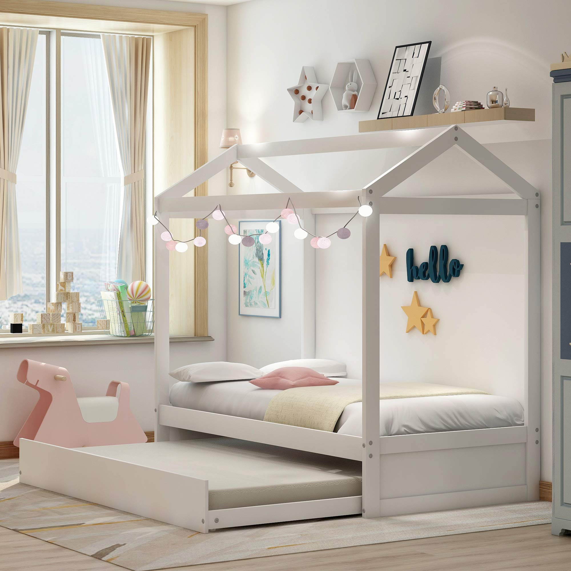 LZ LEISURE ZONE Solid Wood House Bed Frame with Trundle - No Box Spring Needed, White - Perfect for Kids' Bedrooms, Guest Rooms & Small Spaces