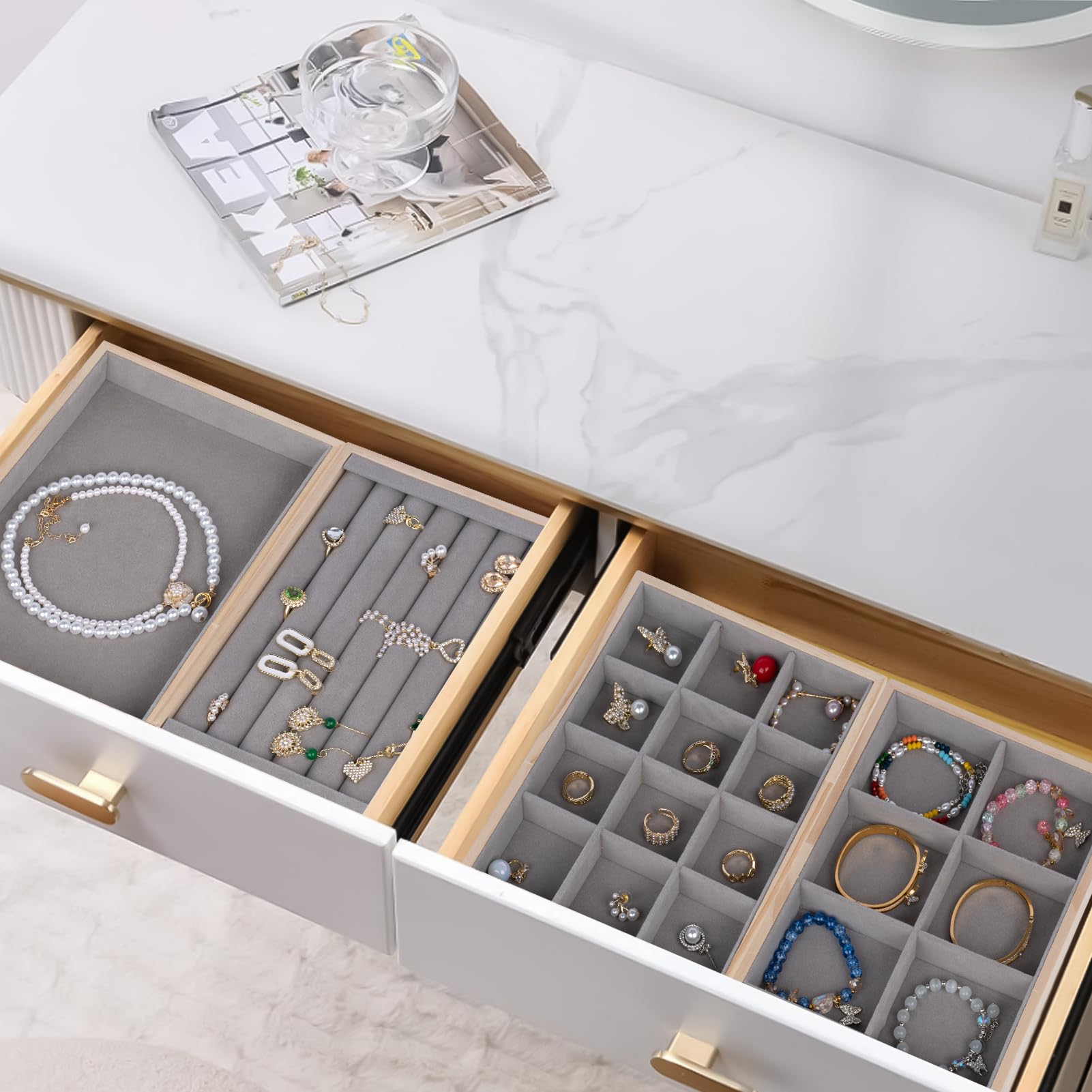 Stackable Wooden Jewelry Tray Organizer Set of 4 - Drawer Inserts Jewelry Storage Box with Removable Dividers for Earrings, Necklaces, Rings & Bracelets - Perfect for Bedroom Vanity, Closet Organization & Travel Jewelry Case (Grey)