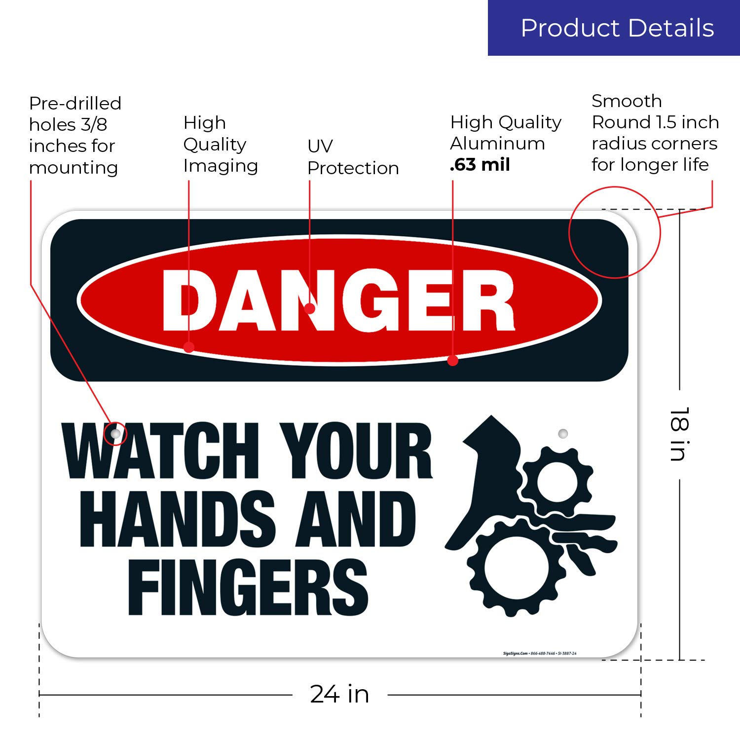 OSHA Danger Sign - Watch Your Hands and Fingers - 18x24 Inch Rust-Free Aluminum Safety Sign - Fade Resistant for Indoor/Outdoor Use - Made in USA - Perfect for Factories, Warehouses & Construction Sites
