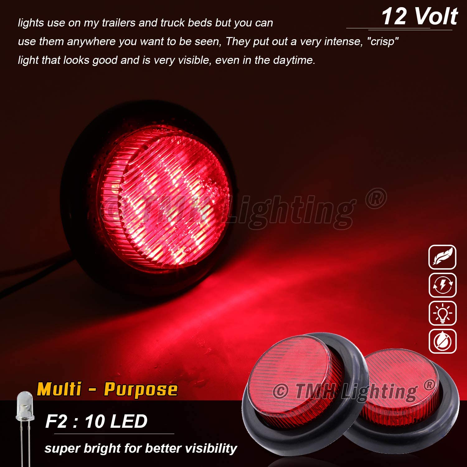 2 Inch Round Red LED Clearance Reflector Side Marker Lights - 2 Pcs Universal 12V DC Truck RV Trailer Camper Lights with Grommets & 10 Diodes - Perfect for Night Driving Safety & Vehicle Visibility