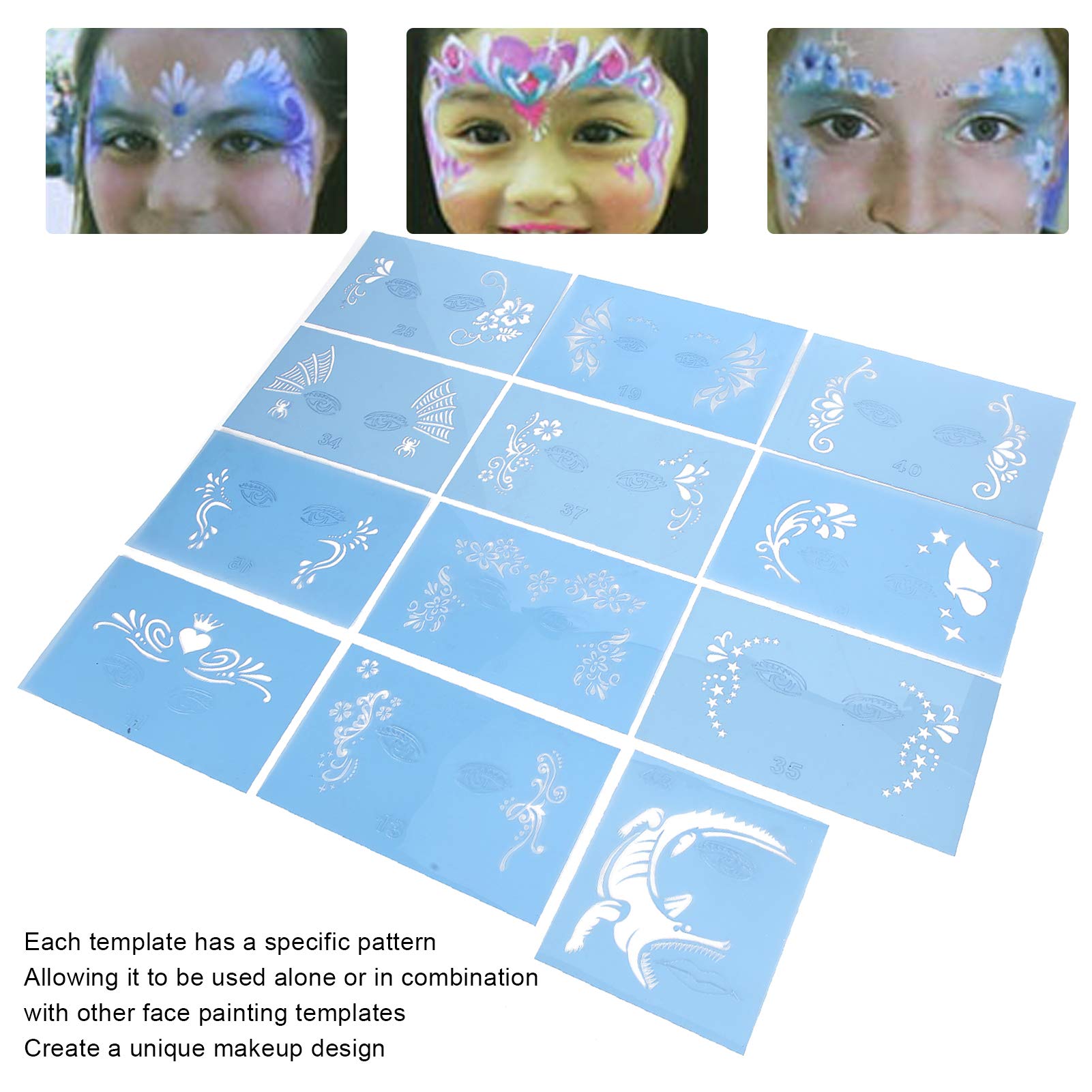 12Pcs Reusable Face Painting Stencils Kit - Halloween & Christmas Makeup Templates for Kids & Adults - DIY Body Art Designs for Parties, Festivals and Costume Events