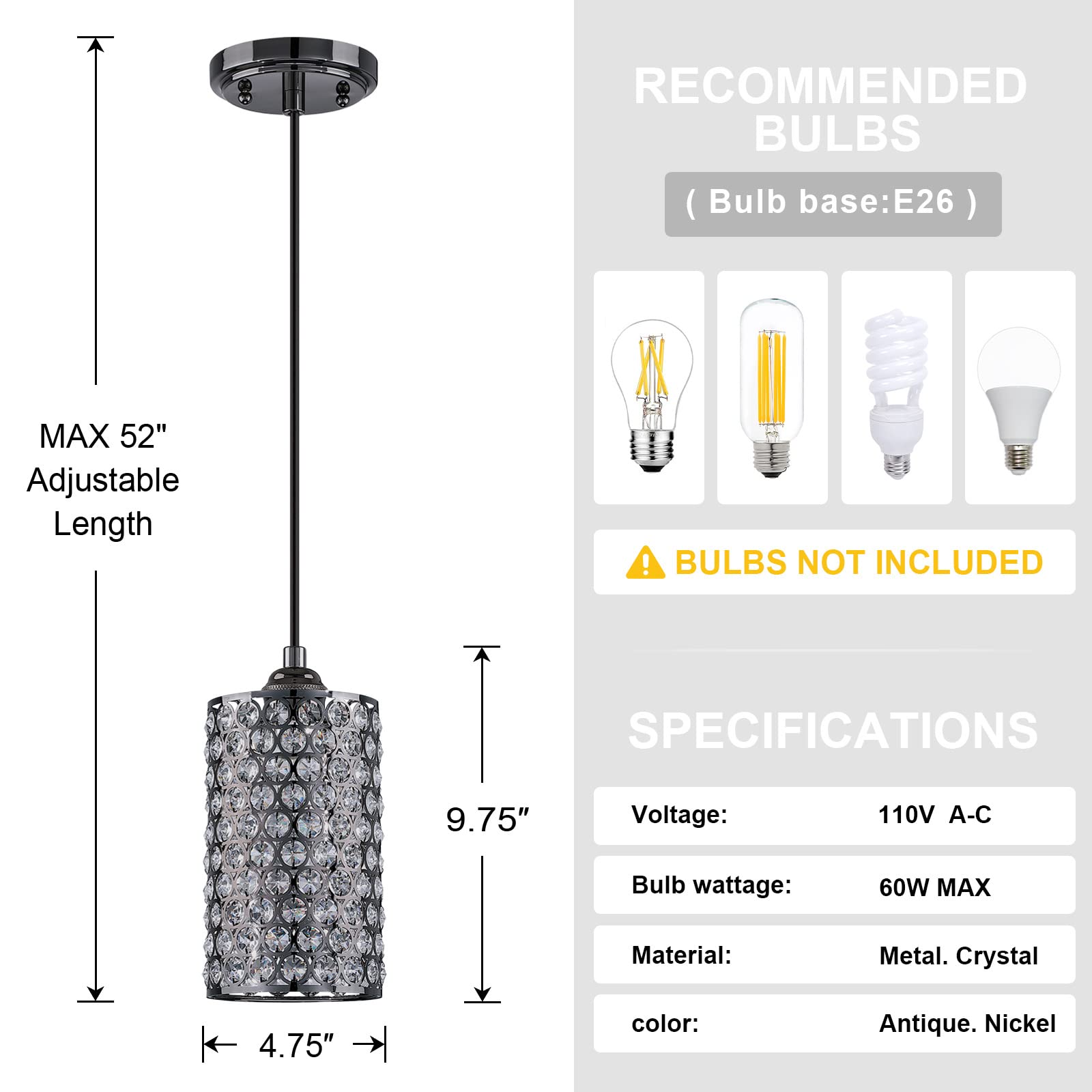 3 Pack Modern Crystal Pendant Lights with Antique Nickel Finish - Polyhedral Opal Glass Shades for Dining Room, Living Room, Hallway - Perfect for Home Decor, Restaurant Lighting (LED Bulb Not Included)