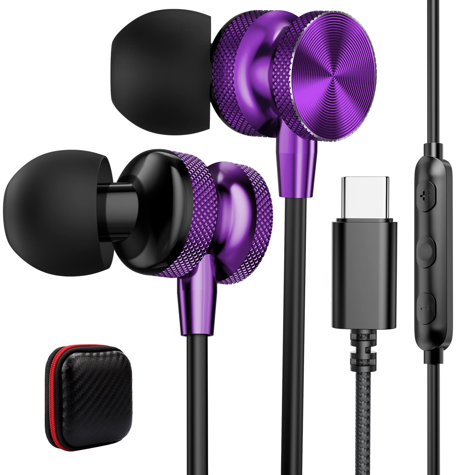 USB C Wired Headphones with Microphone - Compatible with Apple iPhone 16/15 Pro Max, iPad 16e, Google Pixel 9/8/8A/7, Samsung Galaxy S25/S24/S23 FE/S22 Ultra/S21 Plus - Small In-Ear Type C Earphones (Purple) for Work, Gaming & Music Listening
