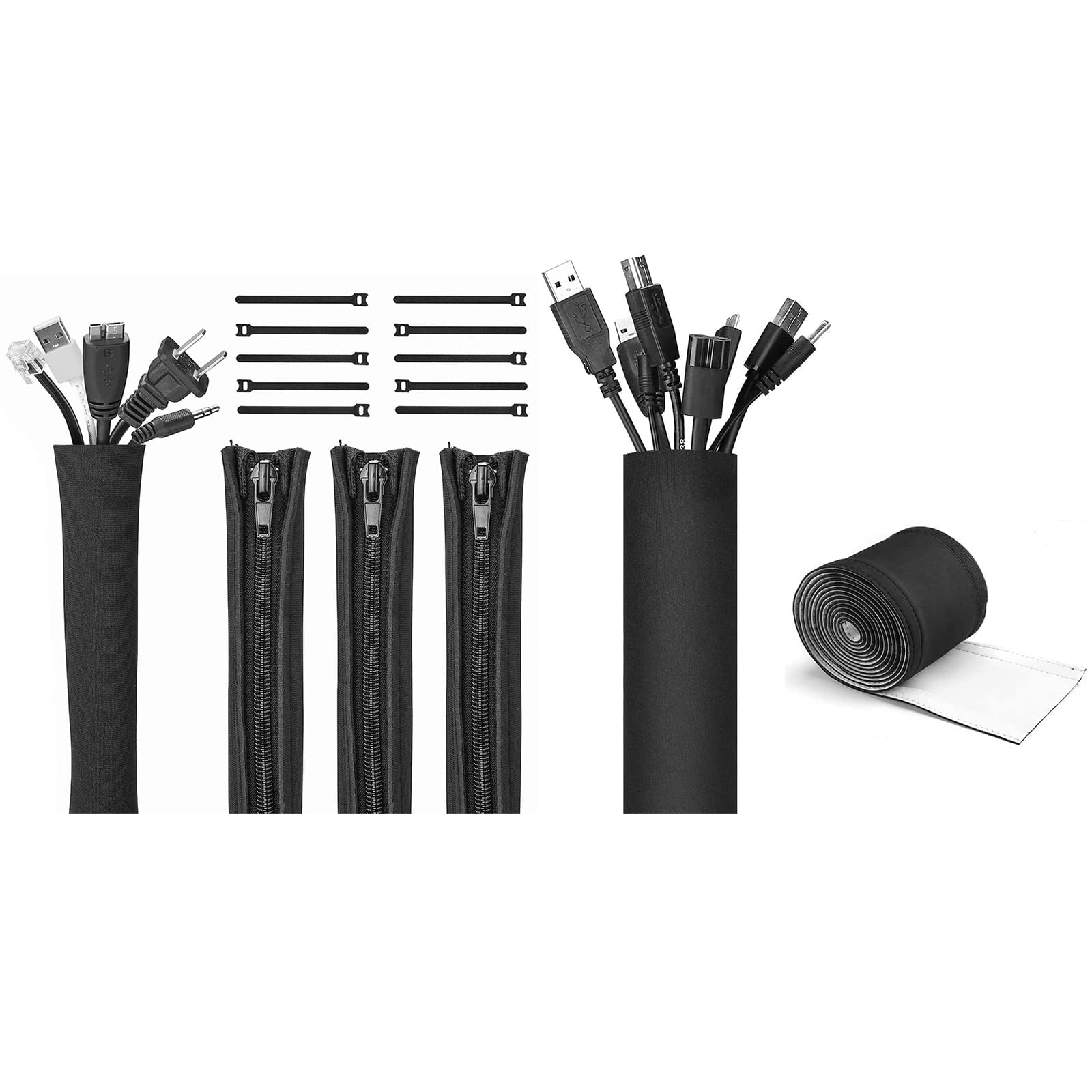 JOTO 4 Pack Cable Management Sleeve with 10.83ft Flexible Cord Organizer & Cable Ties - Wire Organizer for Home Office, Computer Desk, TV Entertainment Center, Gaming Setup