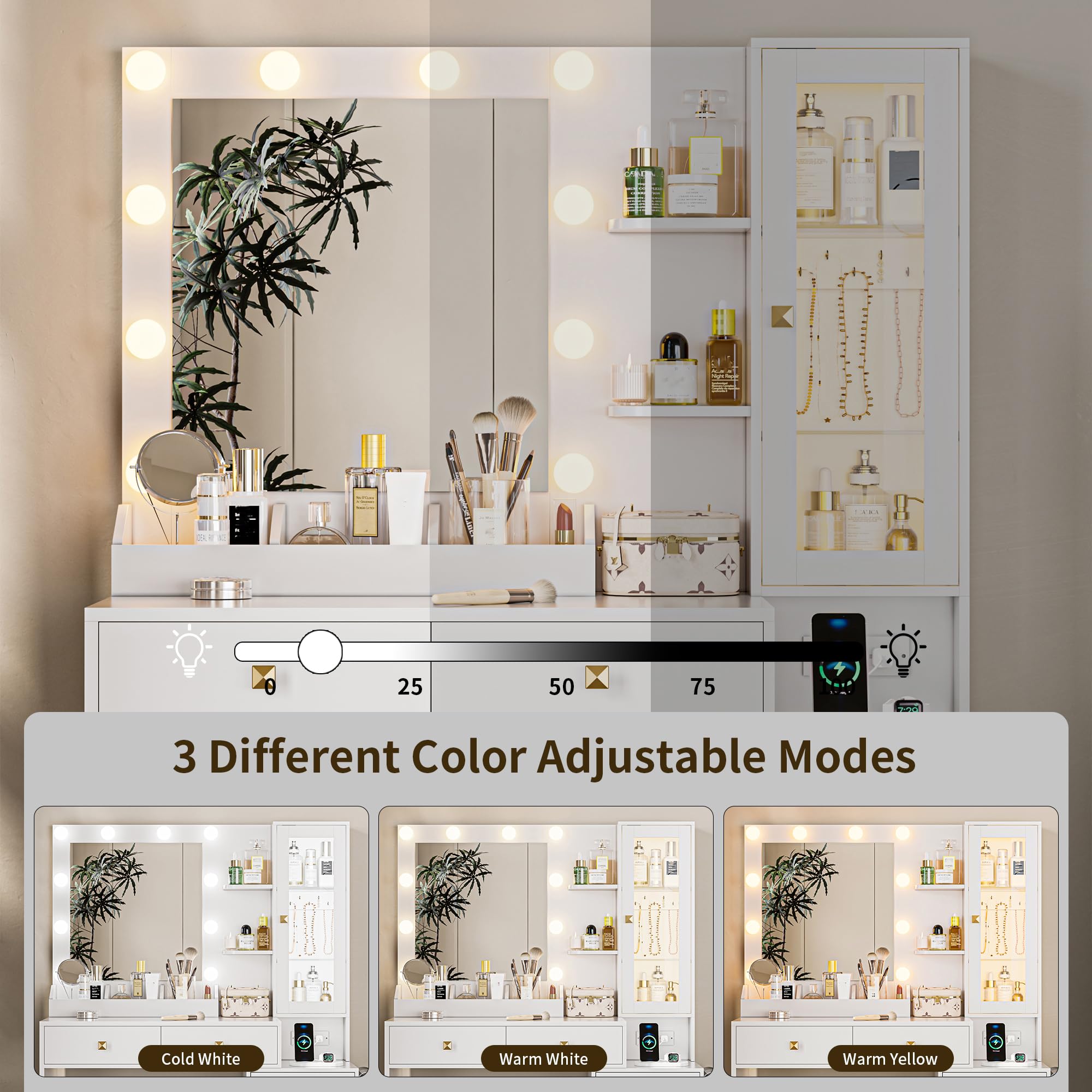 White Vanity Desk with LED Mirror & Lights - 5 Drawers Makeup Vanity Set with Hidden Jewelry Organizer, Adjustable Brightness & 3 Light Modes - Includes Glass Cabinet & Chair for Bedroom, Dressing Room or Beauty Salon