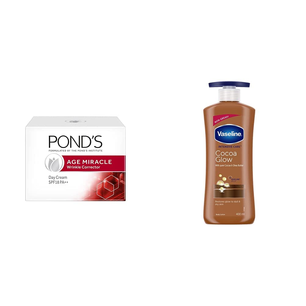 POND'S Age Miracle Wrinkle Corrector SPF 18 PA++ Day Cream 50g & Vaseline Intensive Care Cocoa Glow Body Lotion 400ml - Anti-Aging Face Moisturizer & Hydrating Body Lotion for Dry Skin - Perfect for Daily Skincare Routine & Nighttime Hydration