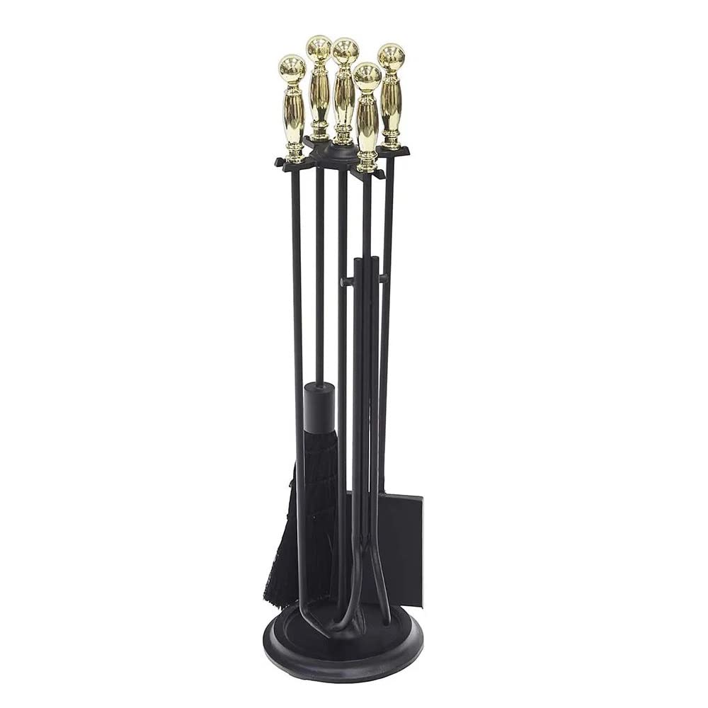 Premium Brass Fireplace Tool Set - 5-Piece Poker, Shovel, Brush, Tongs & Stand - Heavy Duty & Rust-Resistant for Indoor & Outdoor Fire Pits, Wood Stoves & Fireplaces