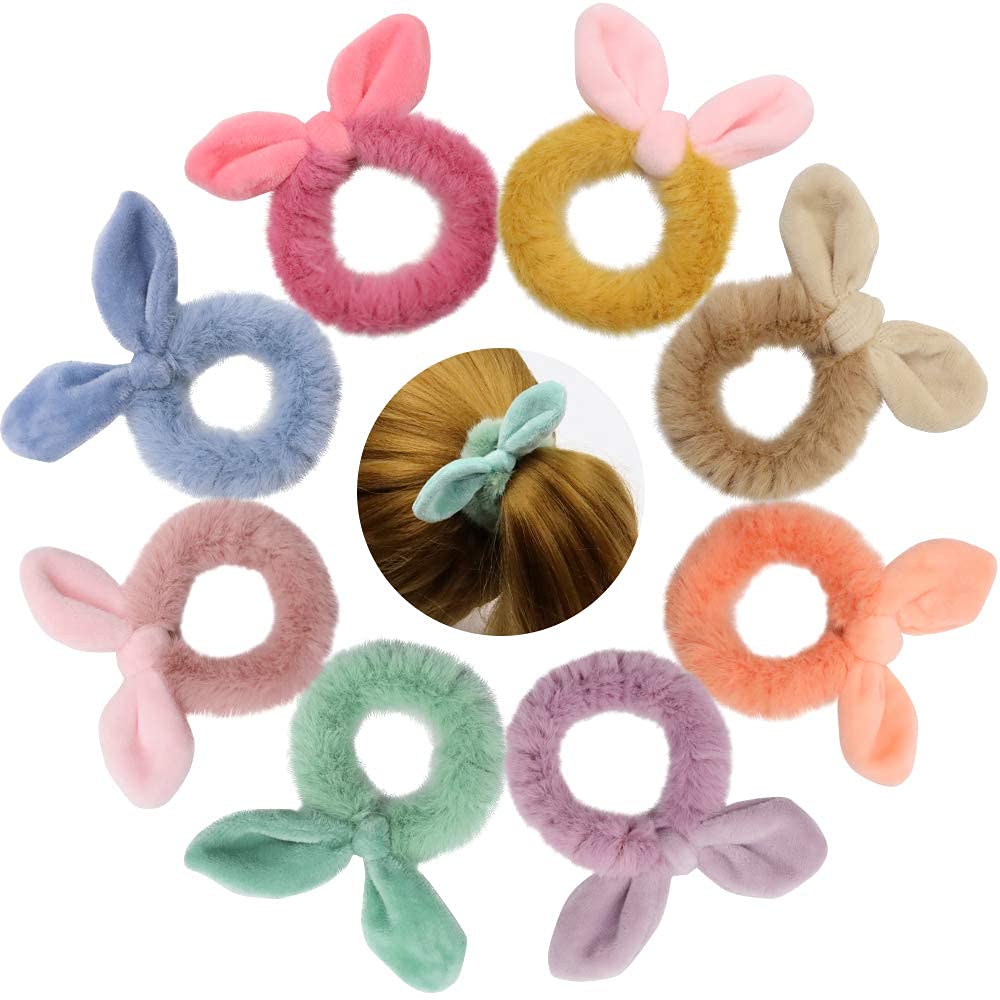 8 Pieces Furry Rabbit Ear Hair Scrunchies for Women - Soft Fuzzy Hair Ties, Ponytail Holders & Hair Accessories for Girls (Perfect for Everyday Wear, Parties & Gifts)