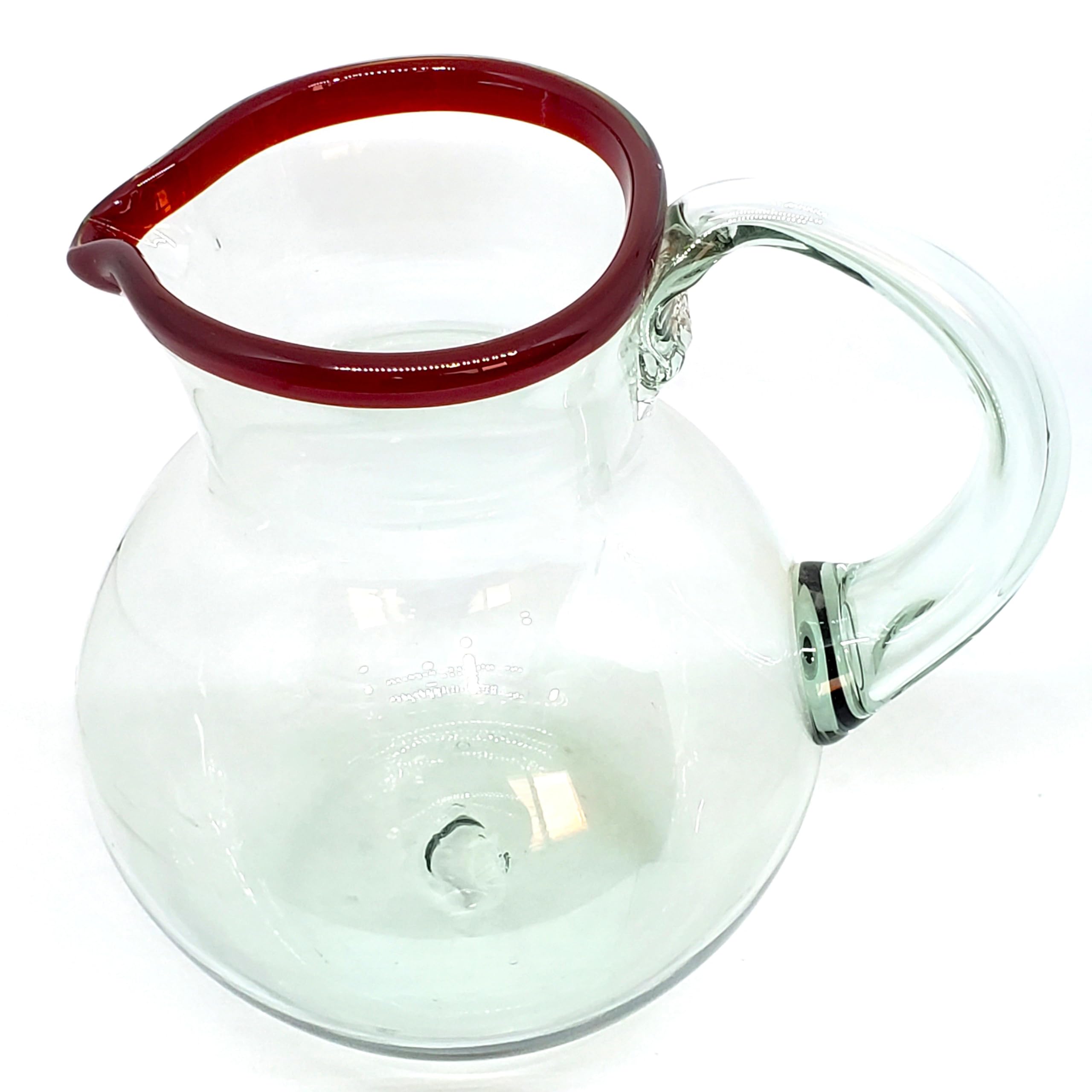 Ruby Red Rim 120 oz Large Bola Pitcher - Eco-Friendly Recycled Glass, Lead-Free & Non-Toxic - Perfect for Iced Tea, Lemonade & Party Beverages