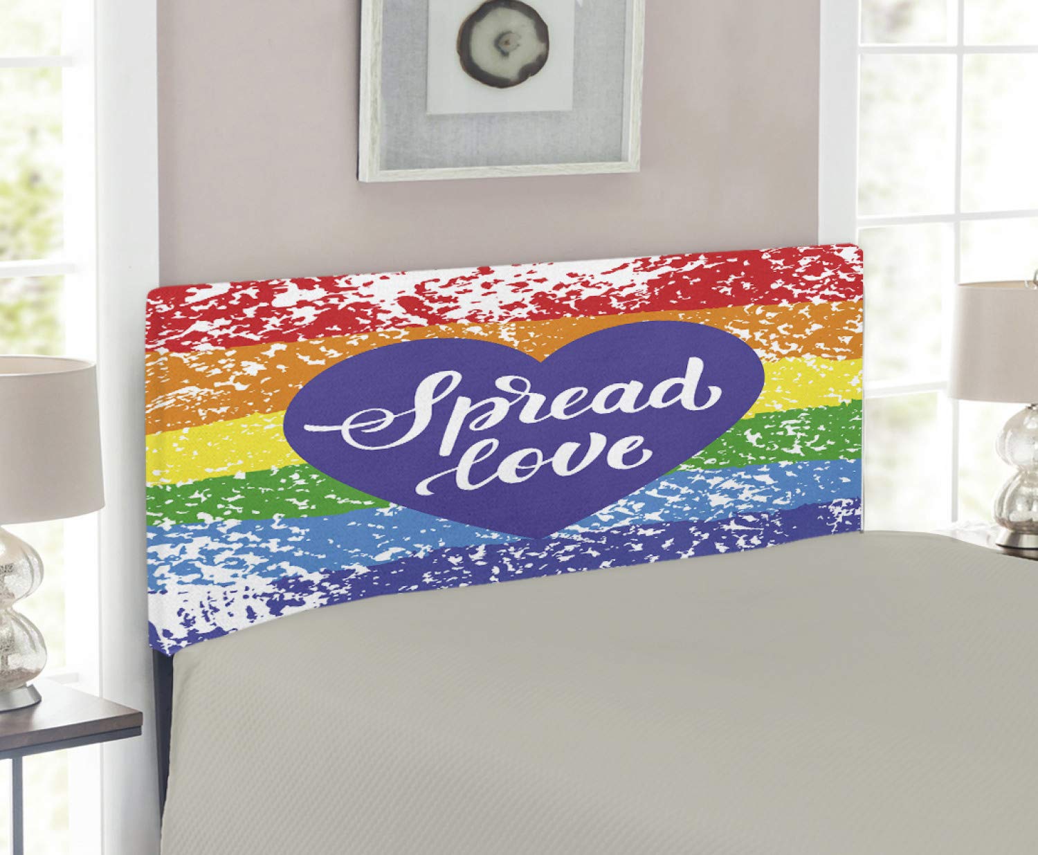 Ambesonne Pride Headboard - Inspirational LGBT Love Heart Design with Handwriting Slogan, Upholstered Metal Bed Frame with Memory Foam, Twin Size, Multicolor - Perfect for Pride Month Decor & LGBTQ+ Friendly Bedroom