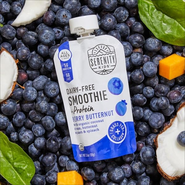 Serenity Kids Organic Baby Food Pouch - Dairy Free Smoothie for 6+ Months - USDA Organic, Grass Fed Collagen Protein - 3.5oz BPA-Free (Berry Butternut, 6 Pack) | Perfect for On-the-Go Feeding & Toddler Snacks