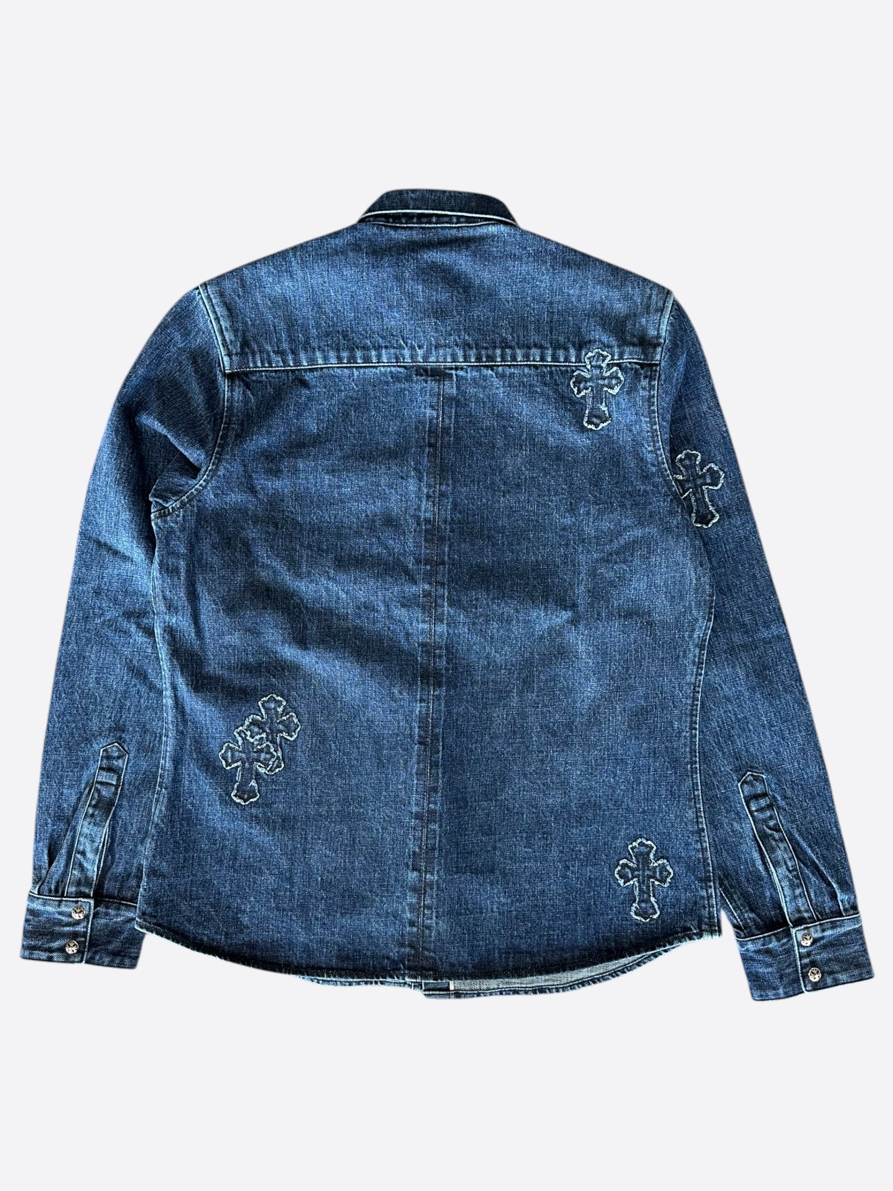Chrome Hearts Blue Embroidered Cross Patch Denim Shirt for Men | Vintage Distressed Designer Shirt | Perfect for Streetwear & Casual Outfits