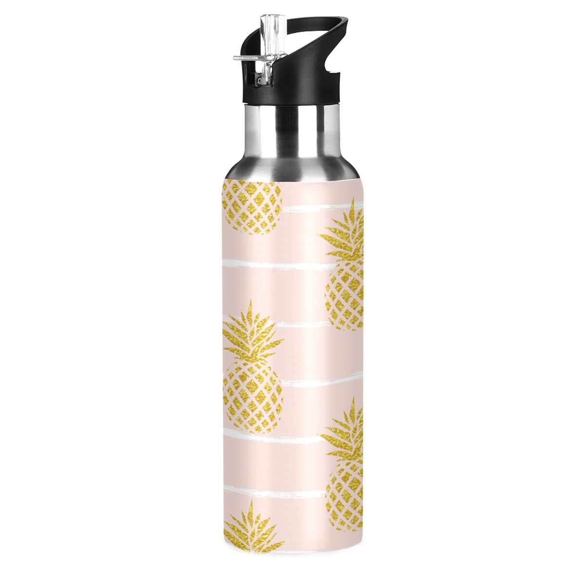 Premium 20oz Stainless Steel Insulated Water Bottle - BPA Free, Leakproof, Gold Pineapple Striped Design for Sports, Cycling, Gym & Outdoor Adventures | Perfect for Workouts, Hiking, Travel & Daily Hydration