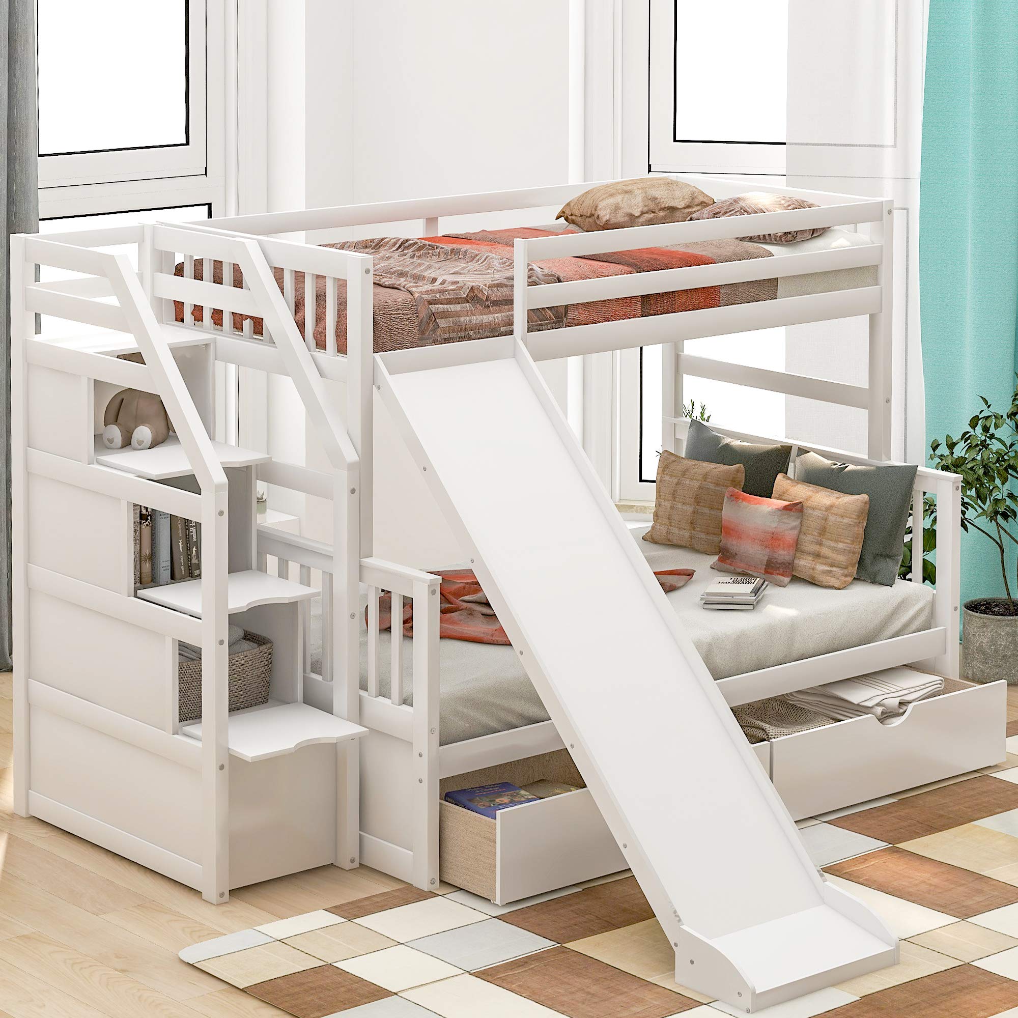 Twin Over Full Bunk Bed with Stairs & Storage - Kids & Adults - White