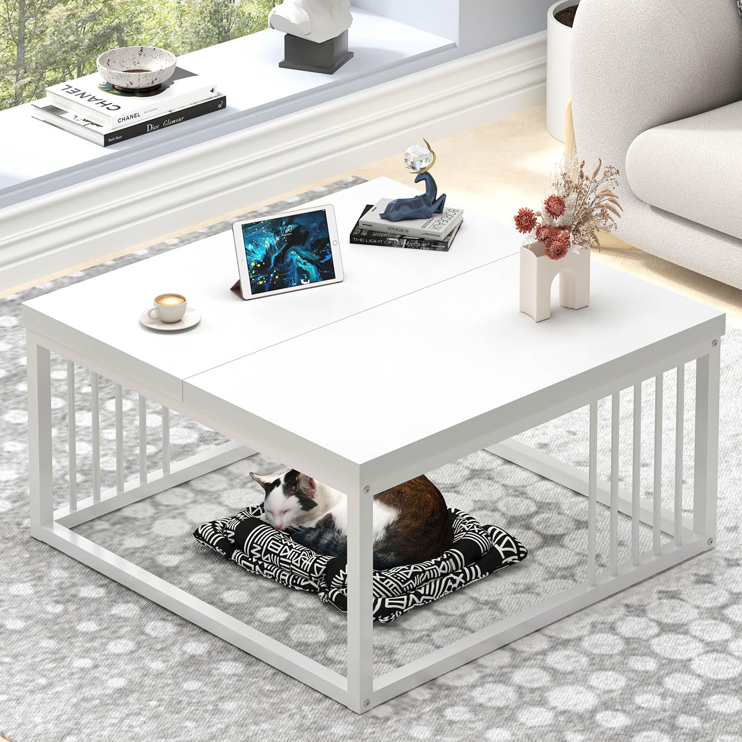 FOLUBAN 31.5 Inch White Coffee Table - Modern Rustic Wood & Metal Center Table with Industrial Design for Living Room | Perfect for Cocktail Parties, Tea Time & Lounge Decor