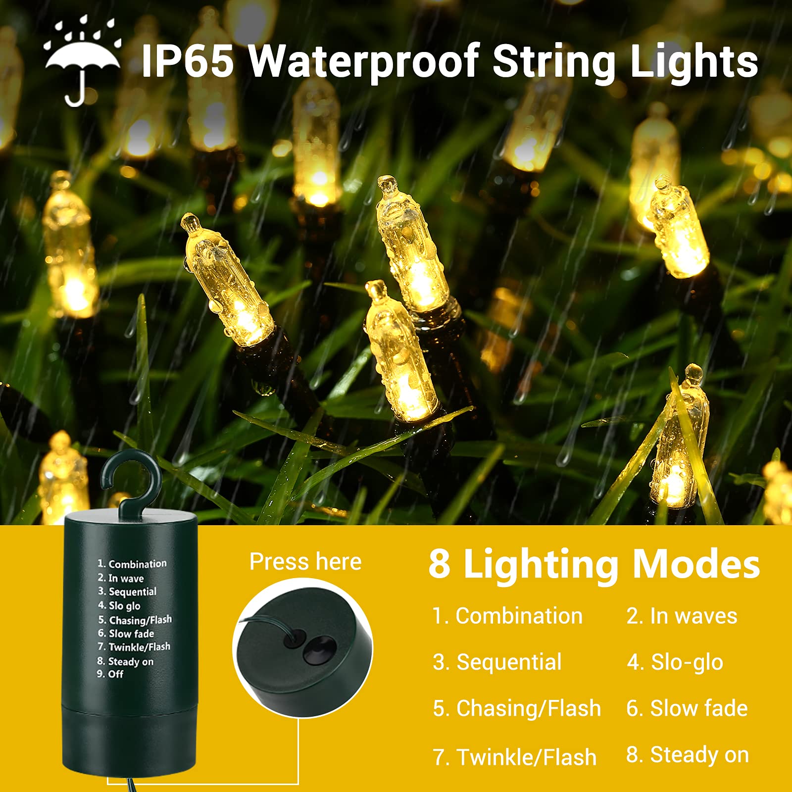 Flacchi 100 LED Warm White Christmas Lights - 33 ft Battery Operated Waterproof String Lights with 8 Modes & Auto Timer - Perfect for Indoor Outdoor Holiday Decor, Xmas Tree, Party, Wedding, Garden, and Home Decoration
