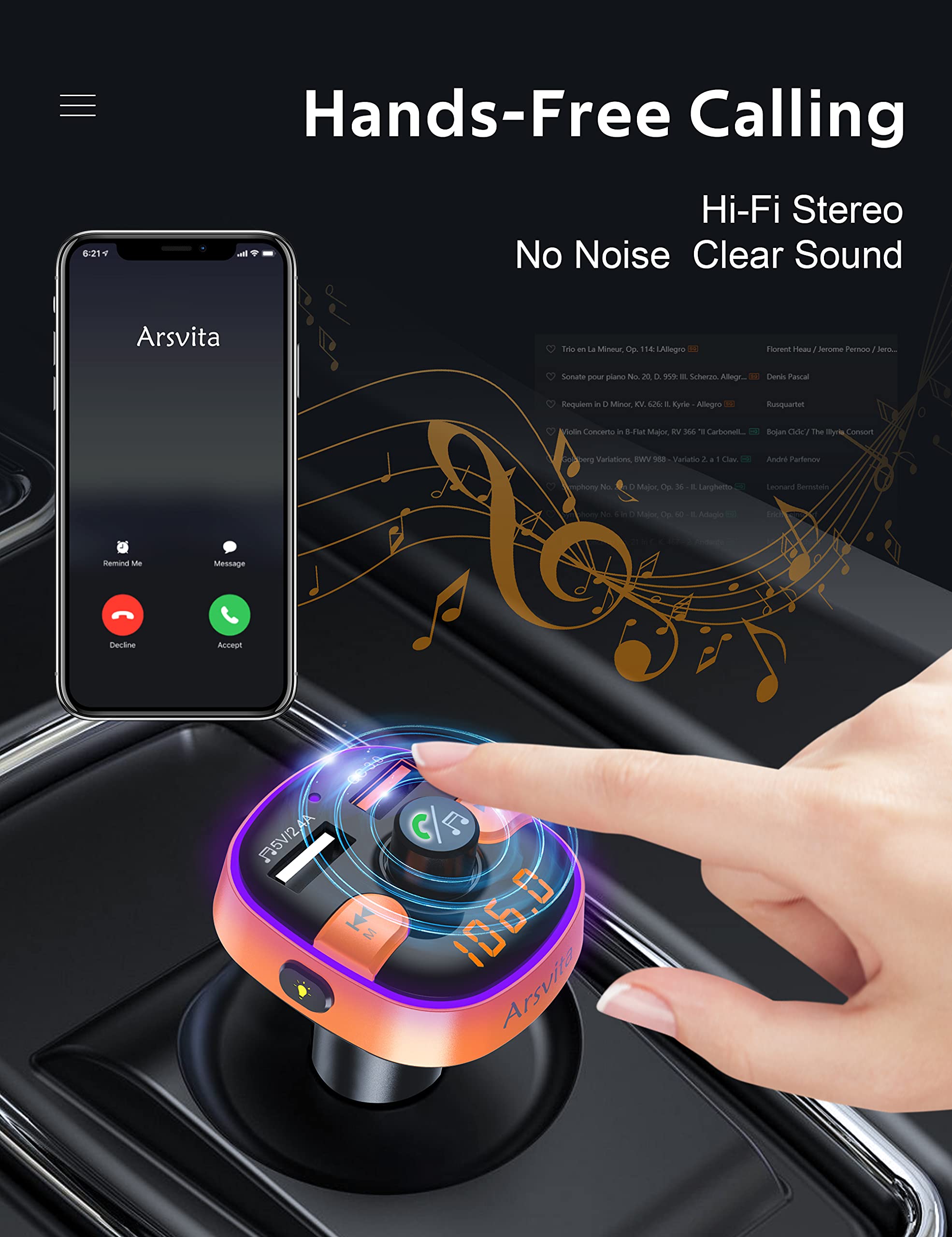 Upgraded Arsvita Bluetooth FM Transmitter - QC3.0 Fast Charger & Hi-Fi Sound for Car Audio & Hands-Free Calling (Orange)