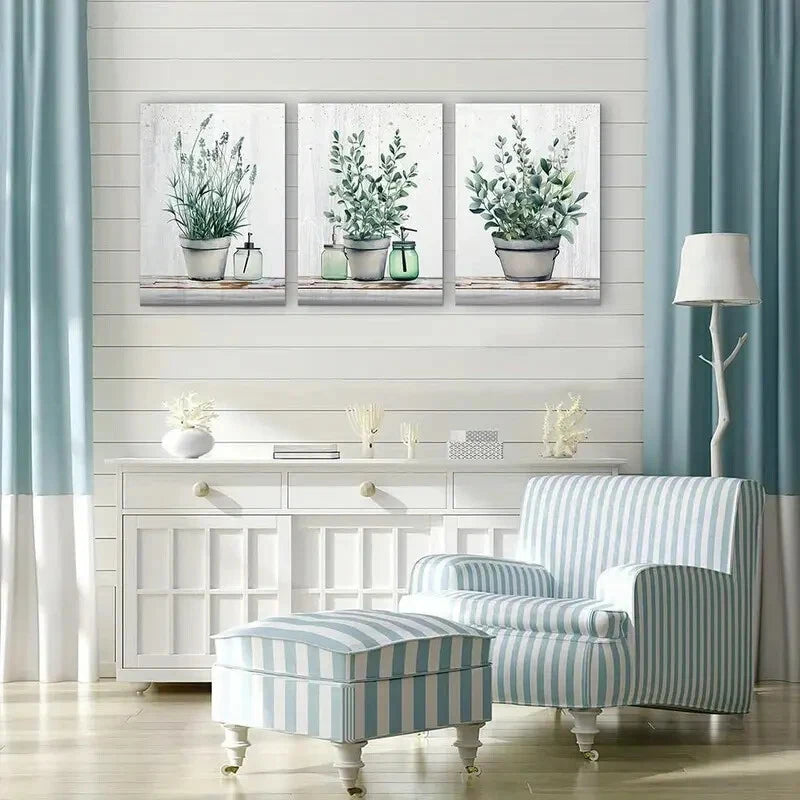 3-Piece Green Leaves in Vases Metal Wall Art - Ready to Hang Home Decor for Living Room, Bedroom & Office