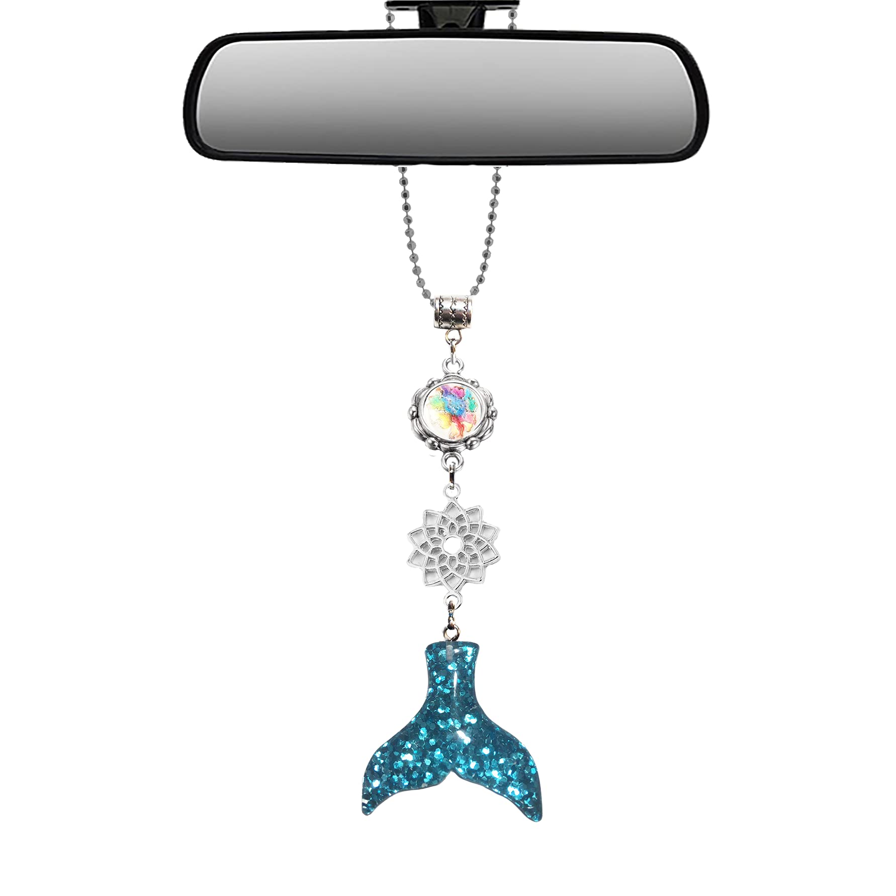 Handmade Bling Mirror Car Charm Hanger - Adjustable Chain Dream Catcher Ornament in Mermaid Tail Blue & Silver Glitter | Perfect for Rearview Mirror Decor, Car Accessories, Gift Ideas & Boho Style Vehicles