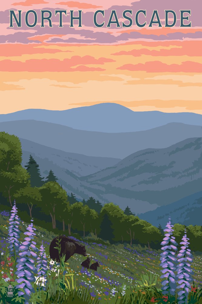 North Cascade Washington Bear and Spring Flowers 53351 - Signed 24x36 Art Print, Wall Decor Poster for Living Room, Bedroom & Office